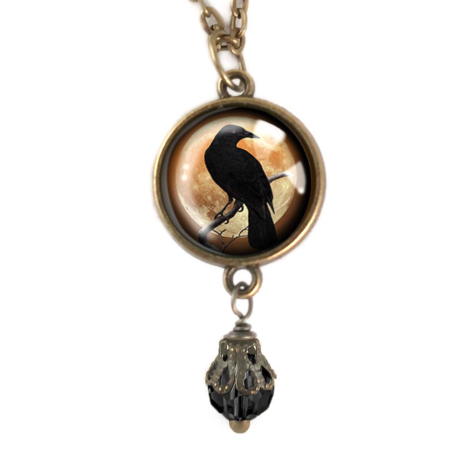 Orange Crow or Raven Goth Halloween Necklace w/Bead