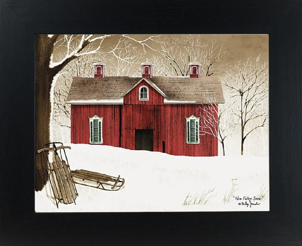 New Fallen Snow Red Barn Framed Art by Artist Billy Jacobs : Black Frame