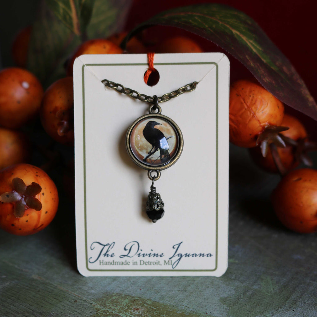 Orange Crow or Raven Goth Halloween Necklace w/Bead