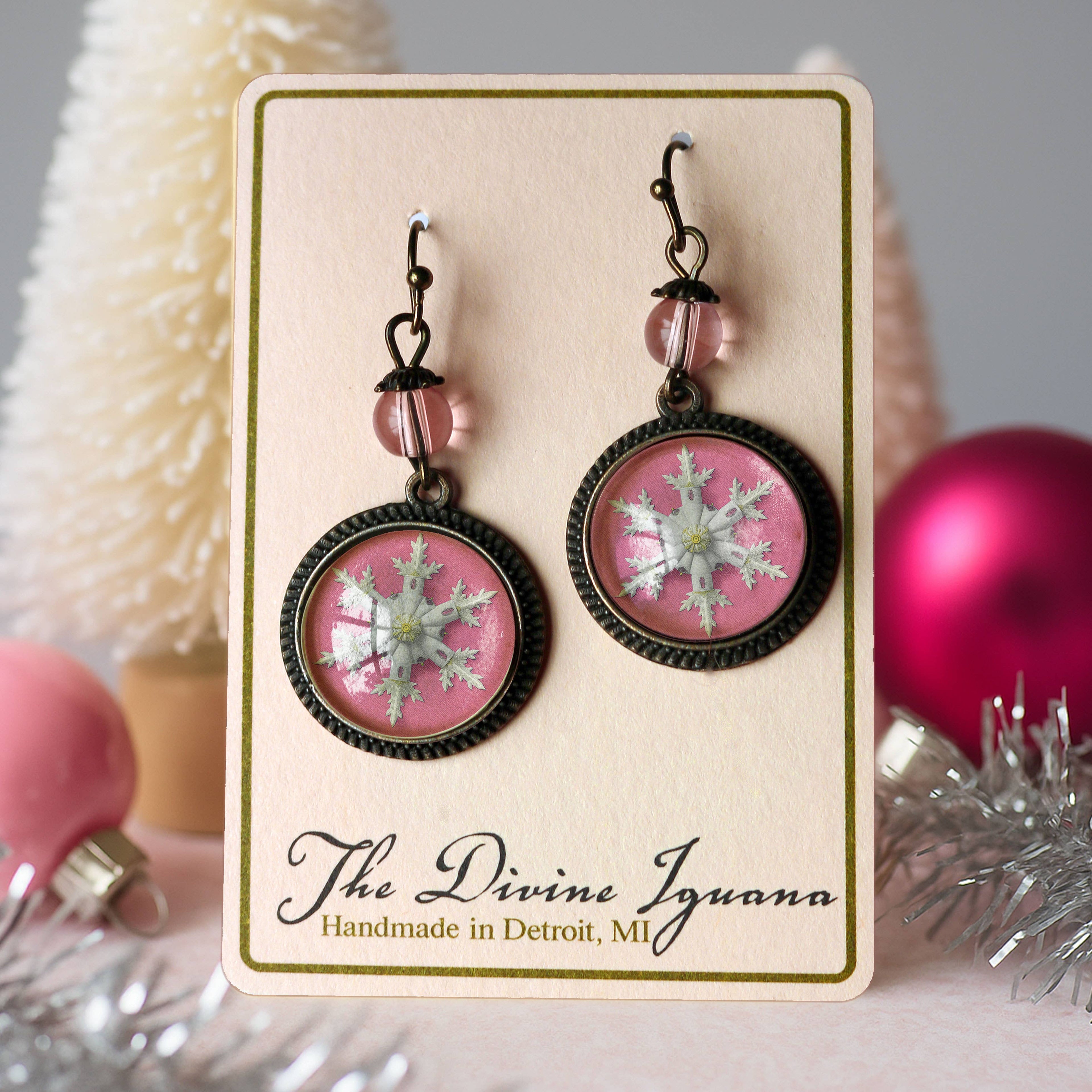 Pink Christmas Snowflake Earrings