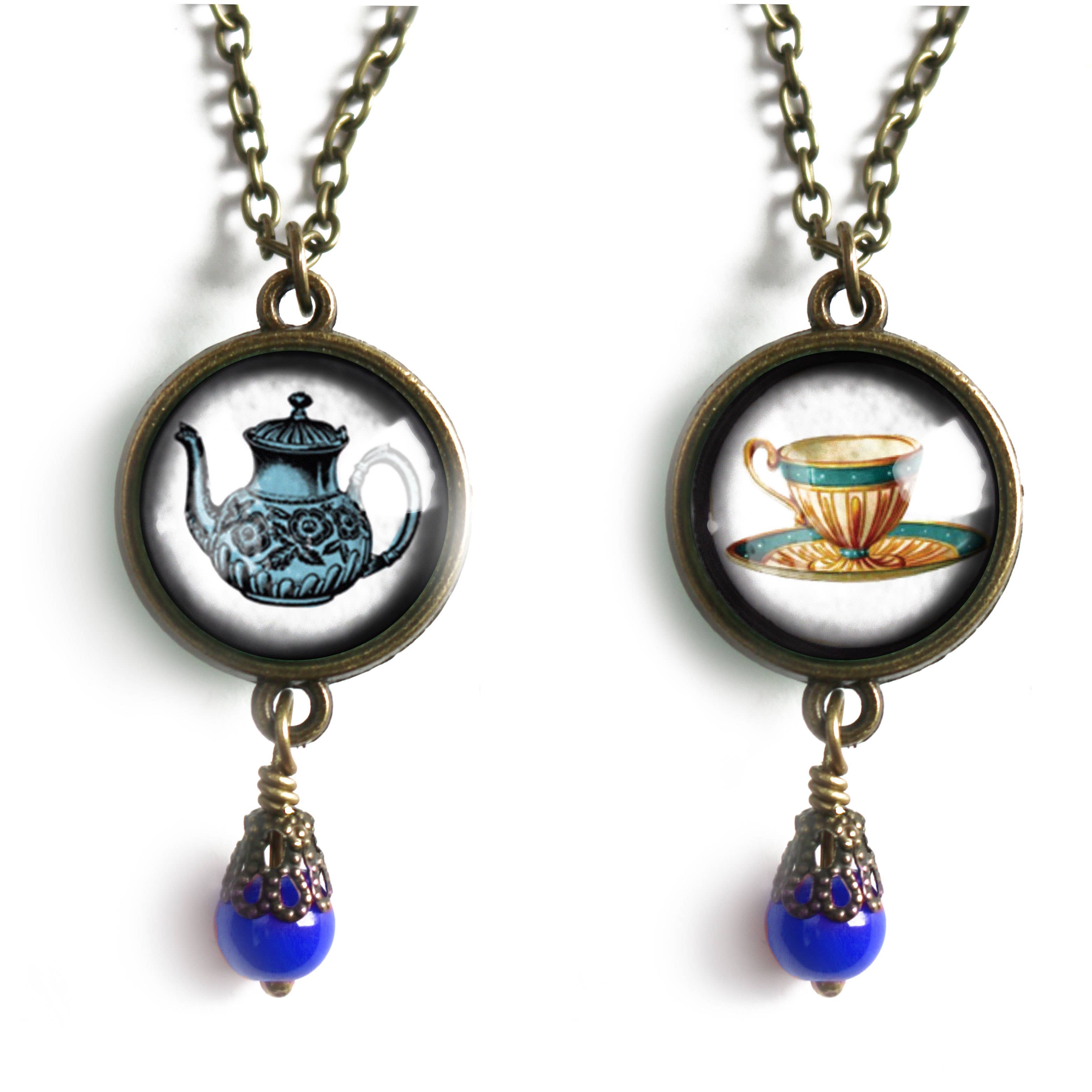 Blue Tea Steampunk Victorian Pendant Necklace with Bead