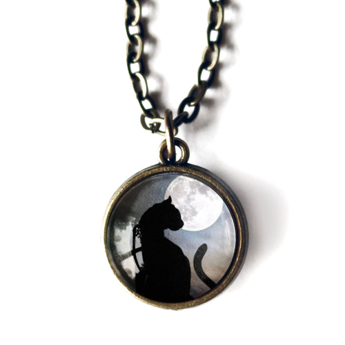 Black Cat and Full Moon Simple Reversible Pendant Necklace