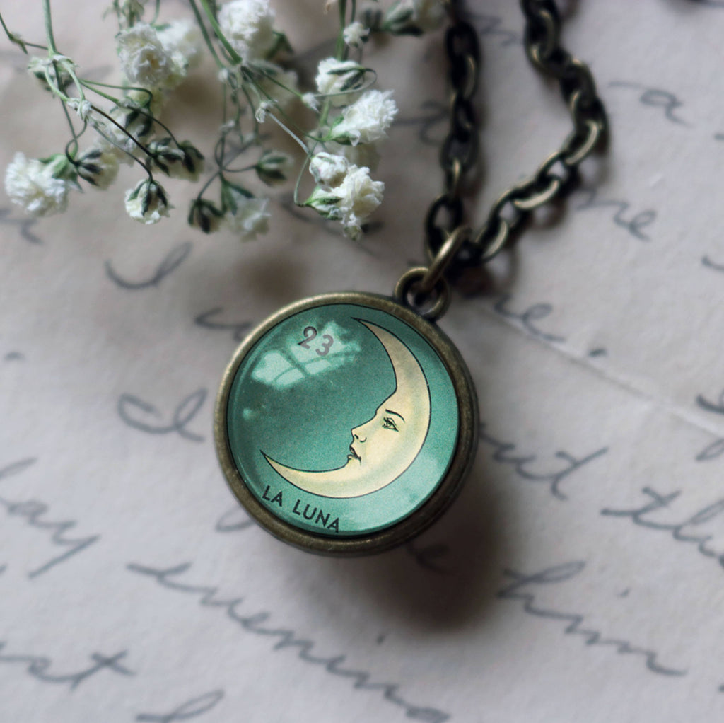 La Luna Simple Reversible Loteria Moon Pendant Necklace