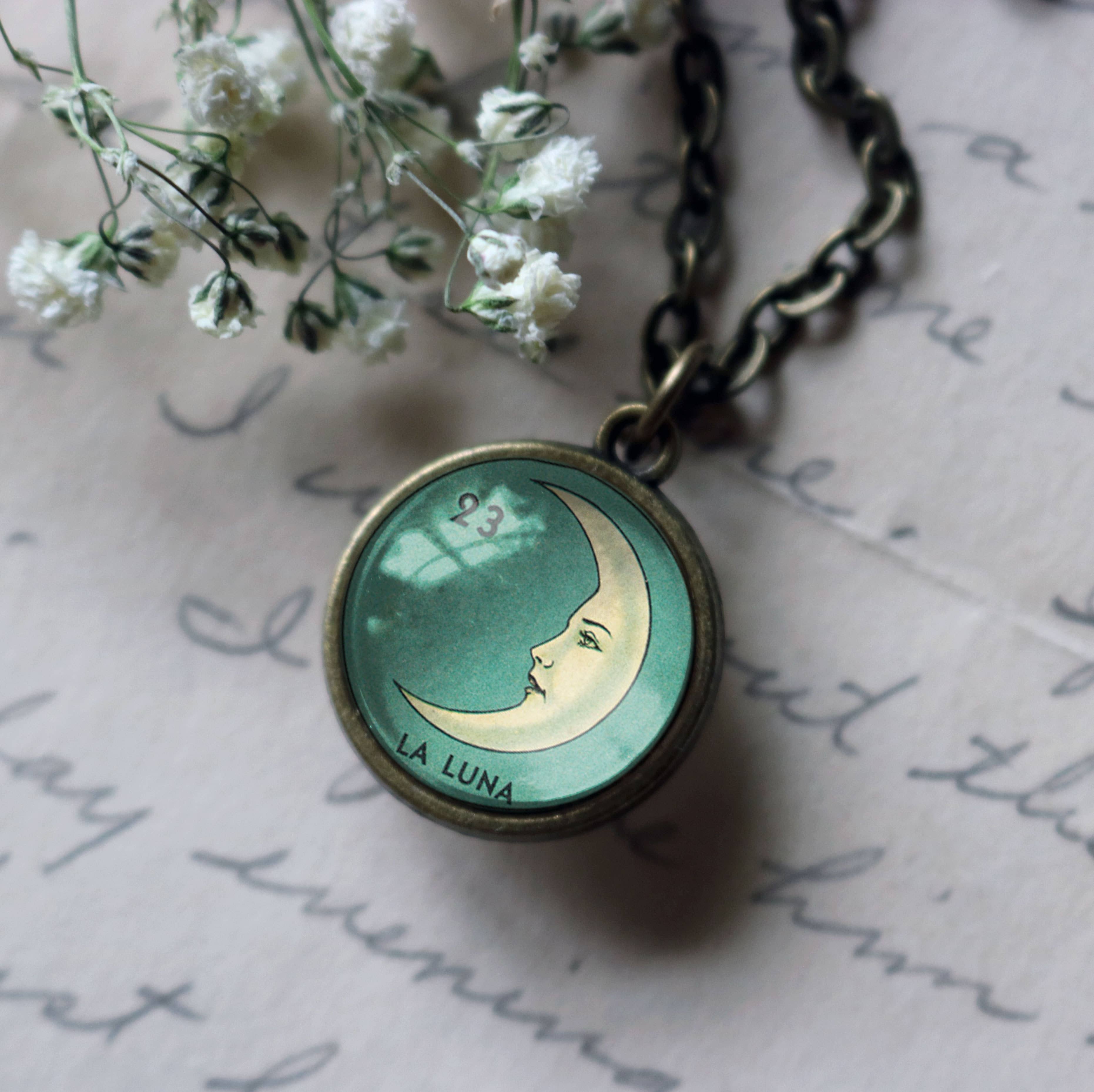 La Luna Simple Reversible Loteria Moon Pendant Necklace