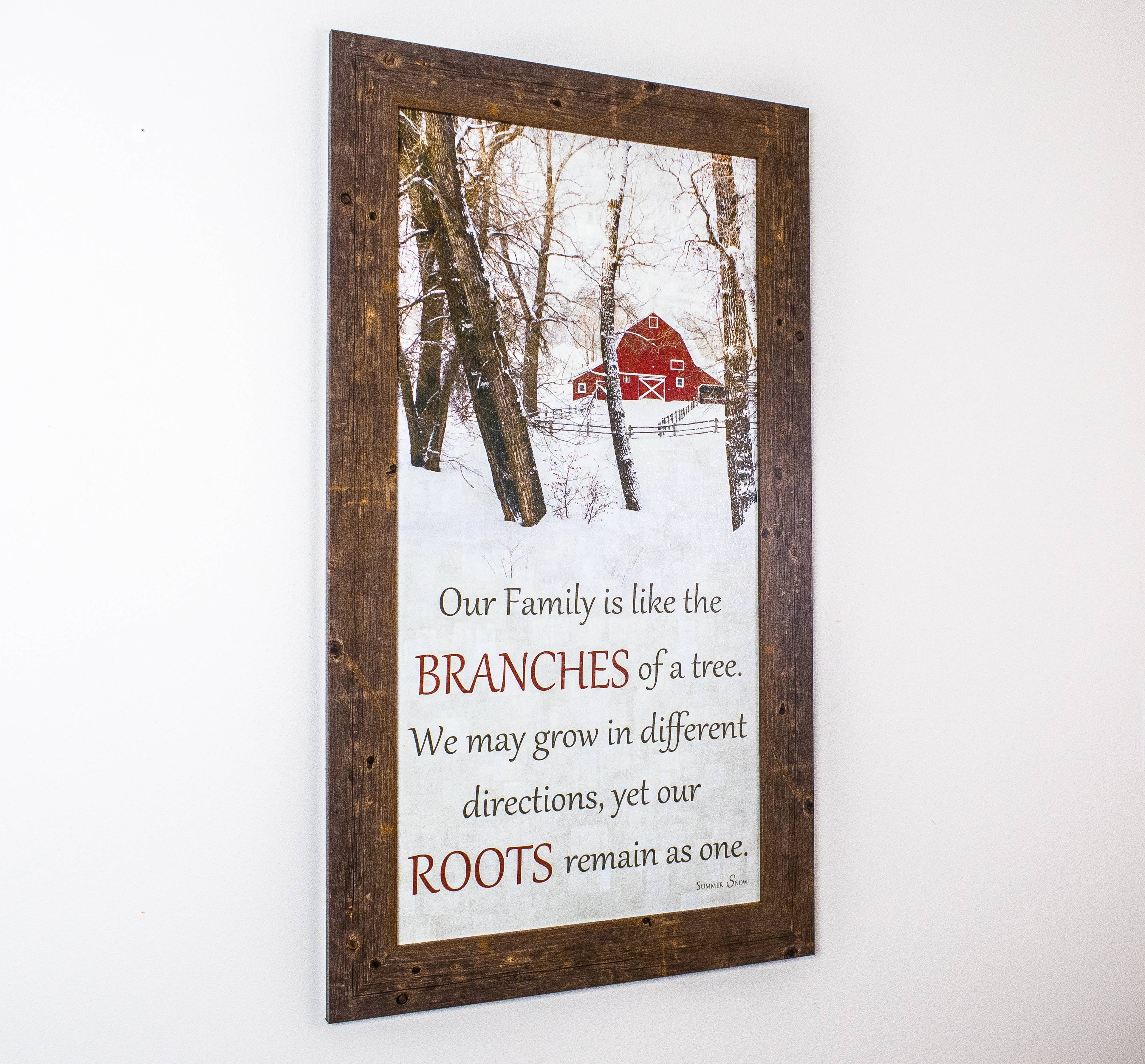 Our Family Branches Of A Tree Winter Red Barn Art: Brown Frame / 16x28" with 2.5" frame