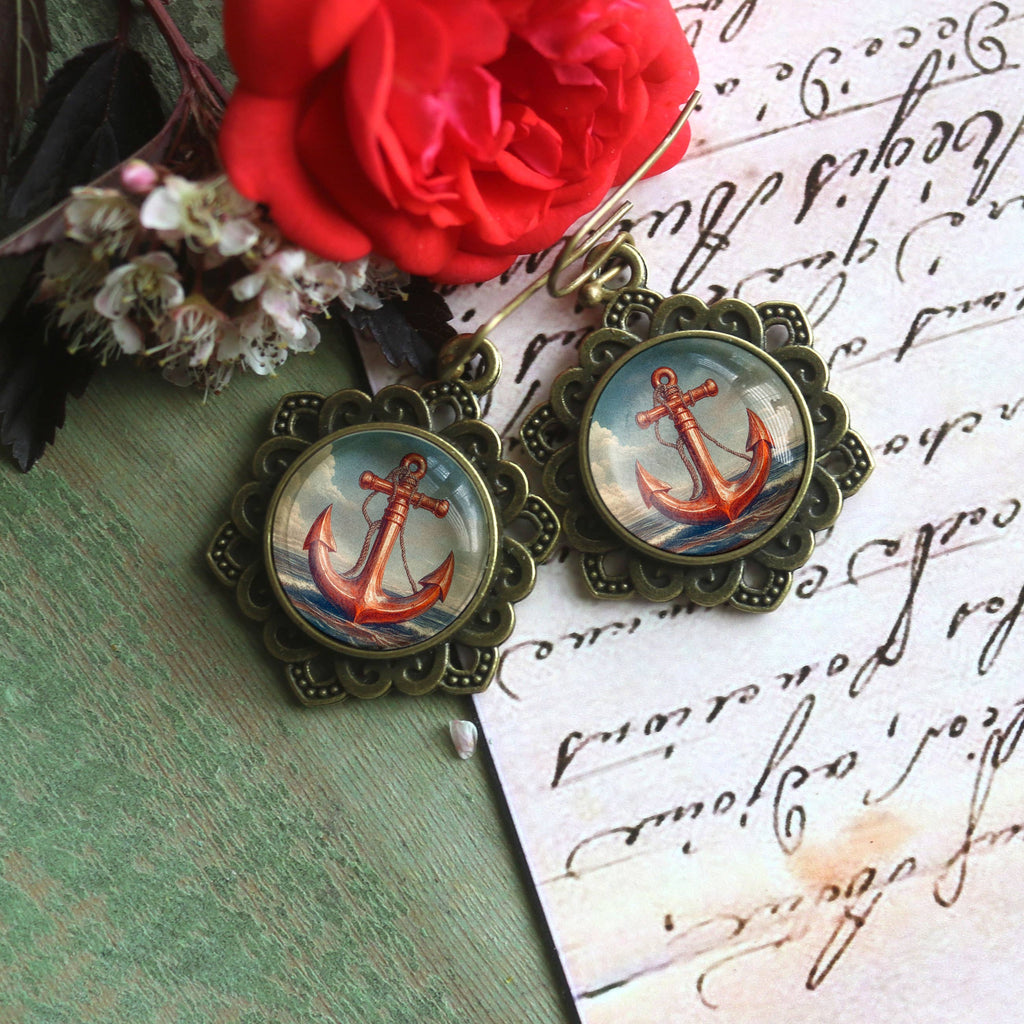 Deep Sea Anchor Earrings in Ornate Bezel