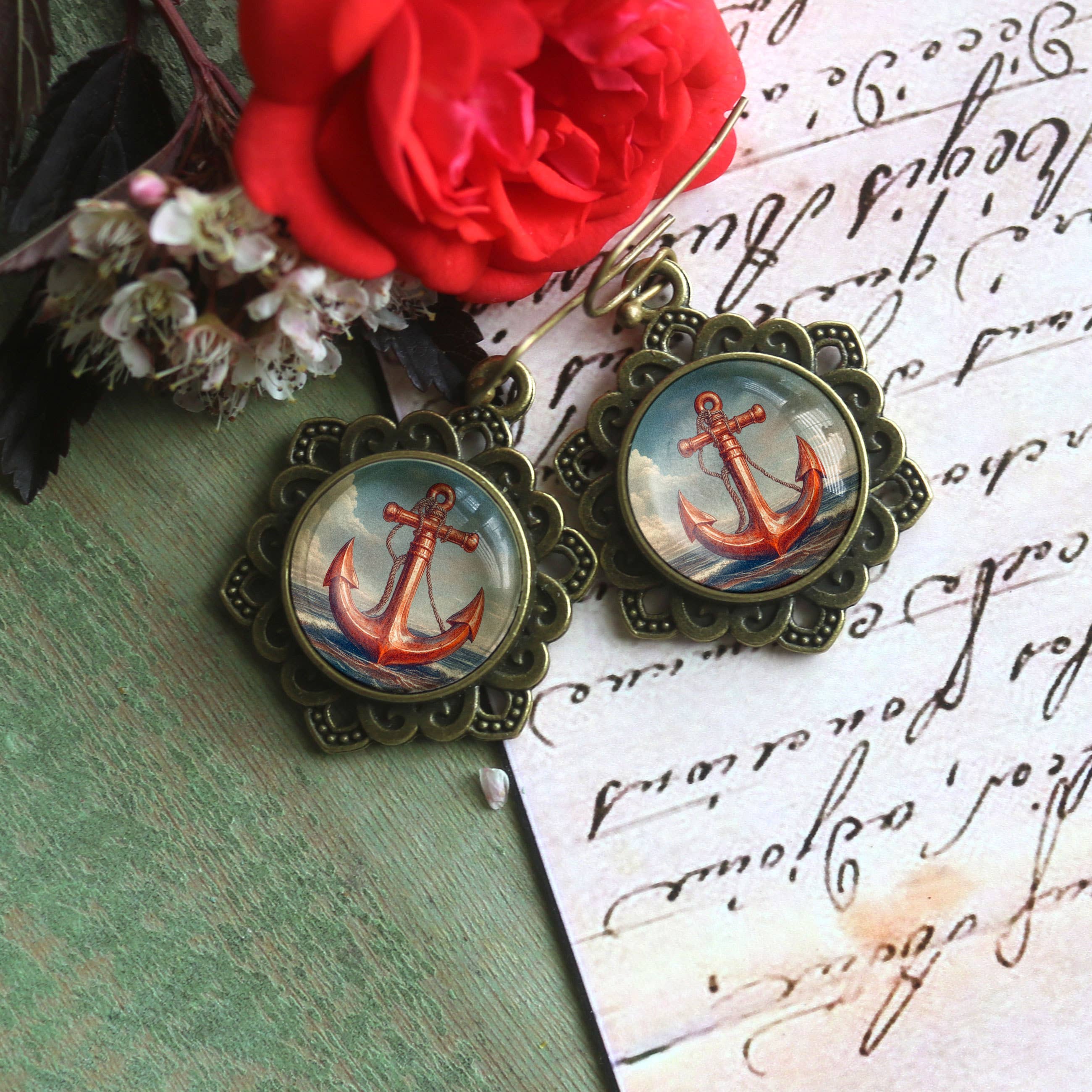Deep Sea Anchor Earrings in Ornate Bezel