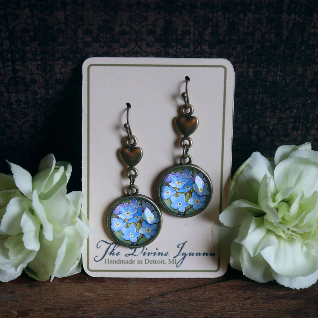 Forget Me Not and Heart Antiqued Bronze and Glass Earrings