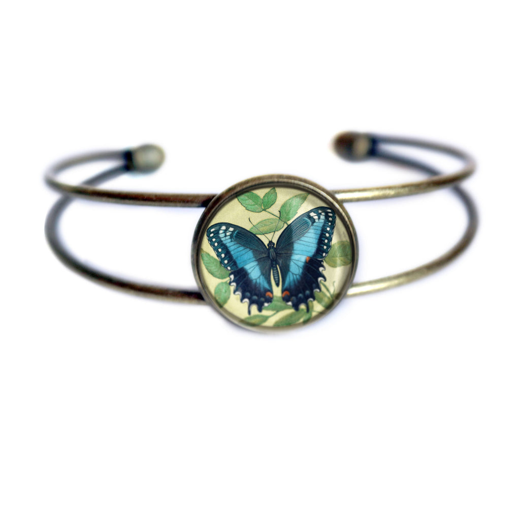 Blue Swallowtail Butterfly Glass Cabochon Cuff Bracelet