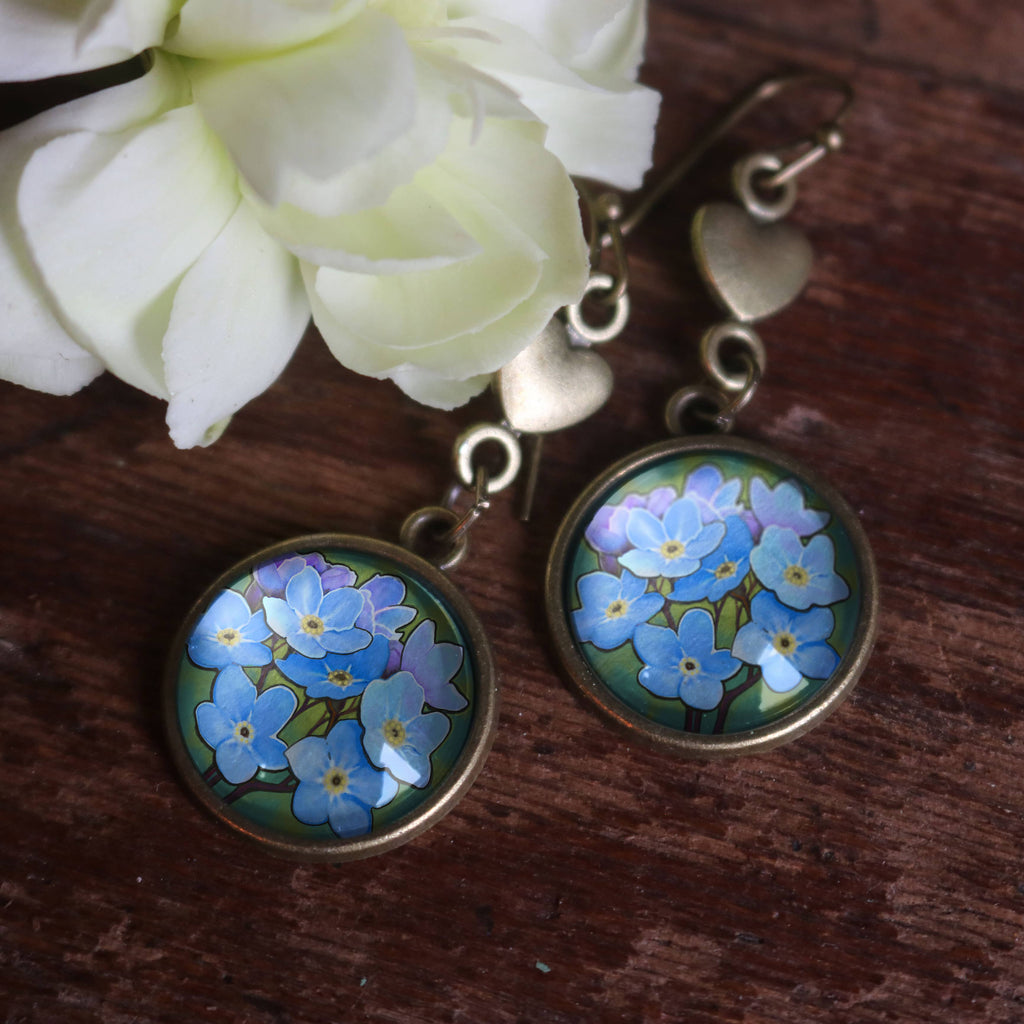 Forget Me Not and Heart Antiqued Bronze and Glass Earrings