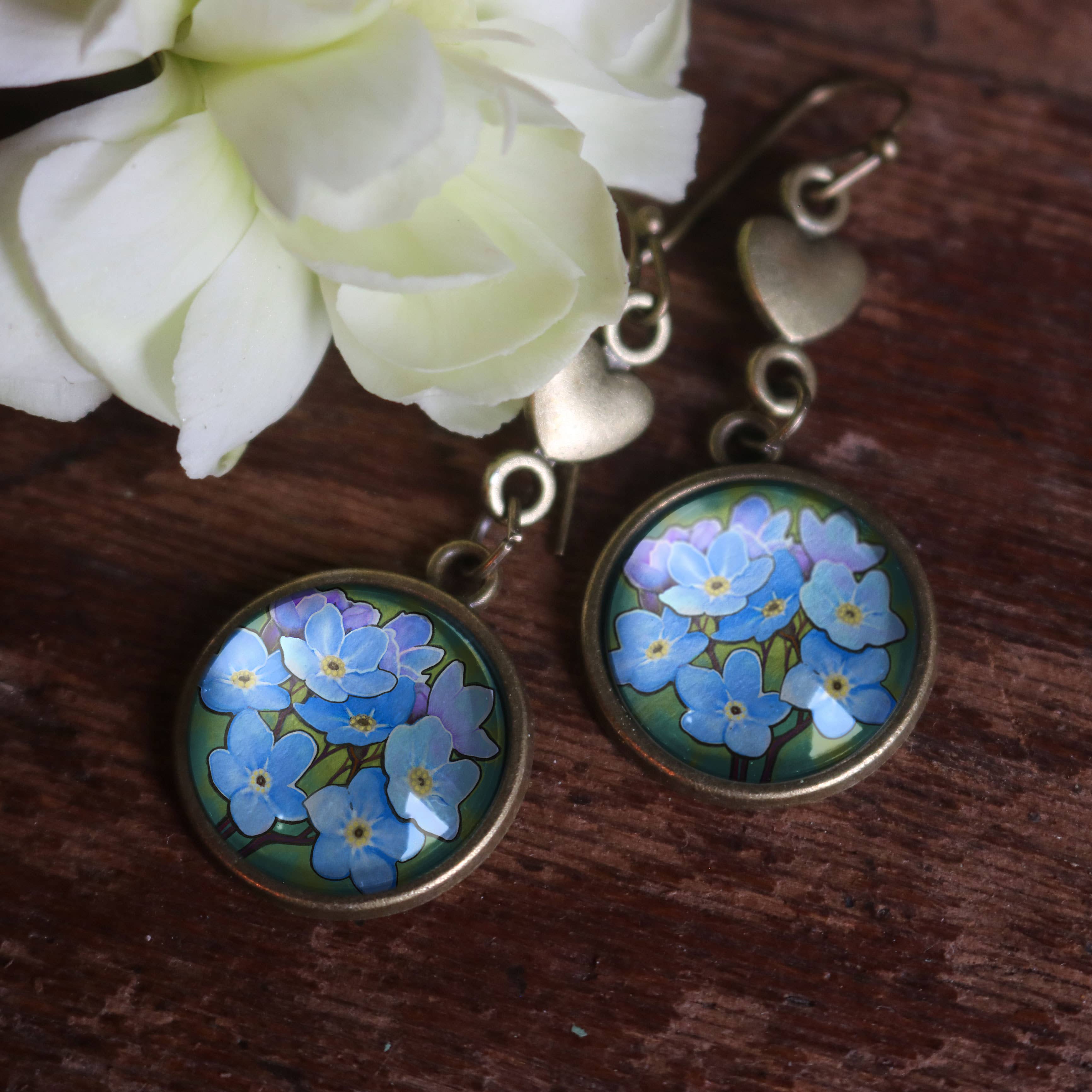Forget Me Not and Heart Antiqued Bronze and Glass Earrings