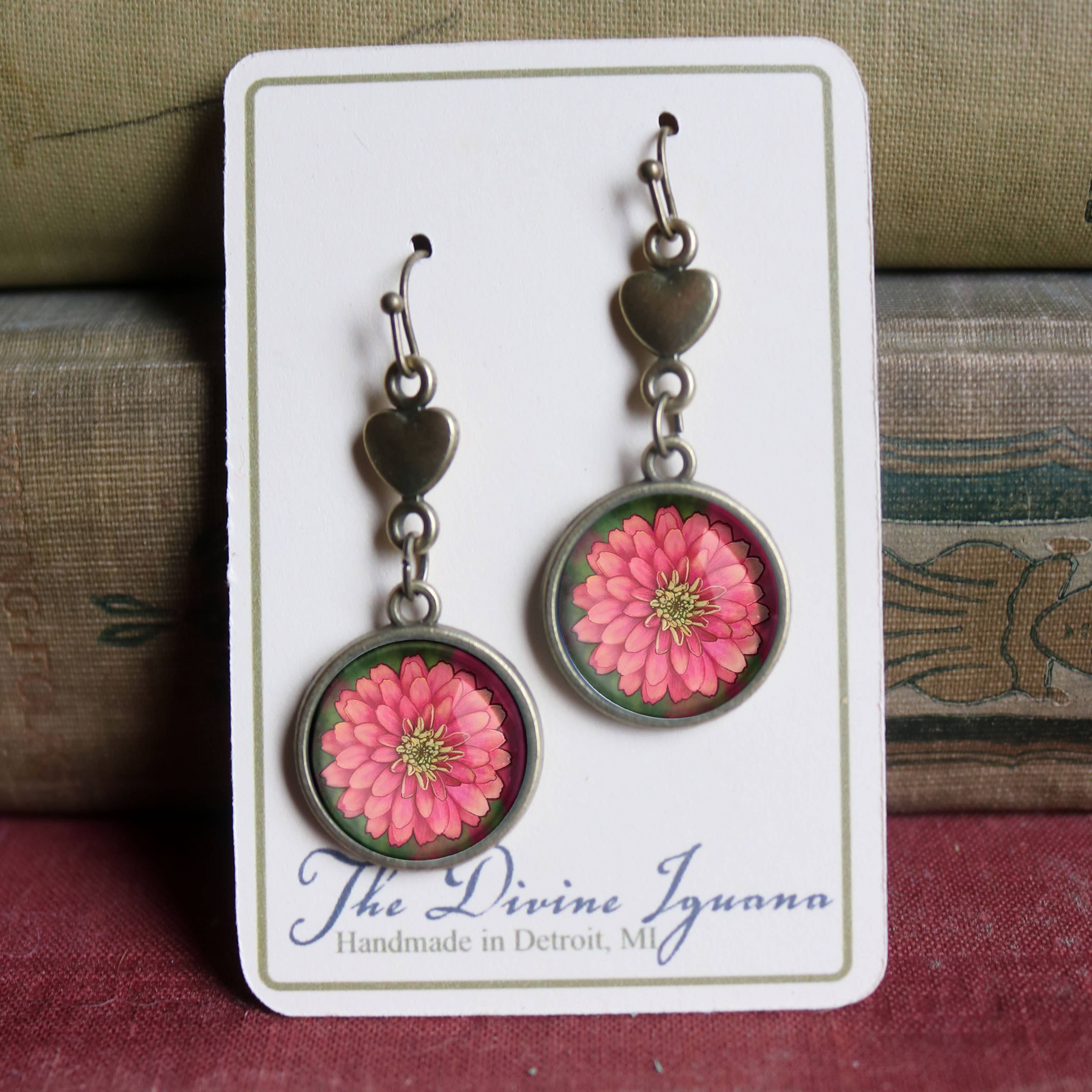 Pink Zinnia and Heart Glass Cabochon and Bronze Earrings