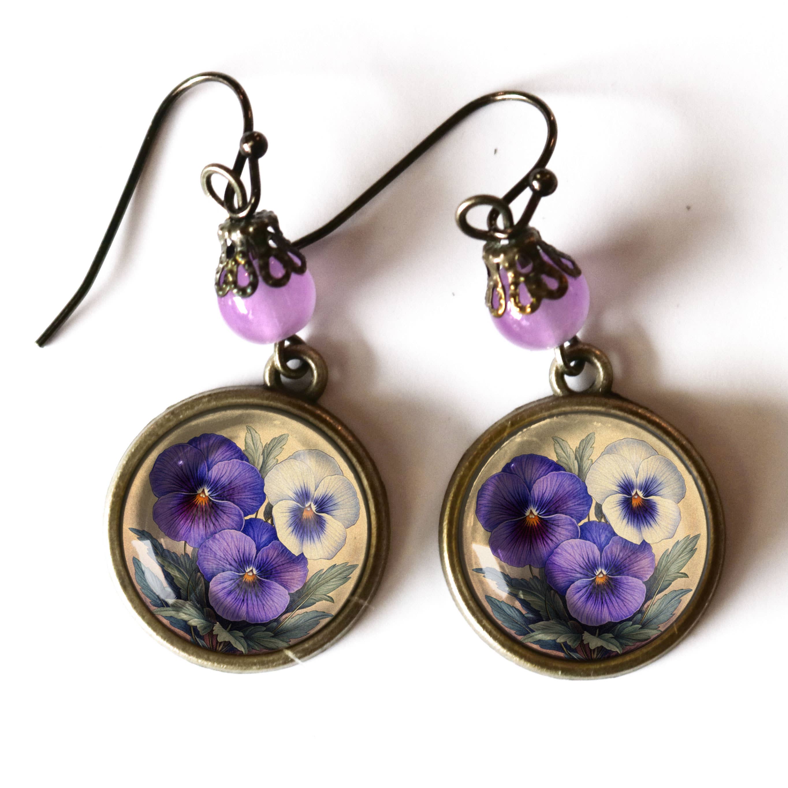 Purple Pansies Spring Floral Bronze and Glass Earrings