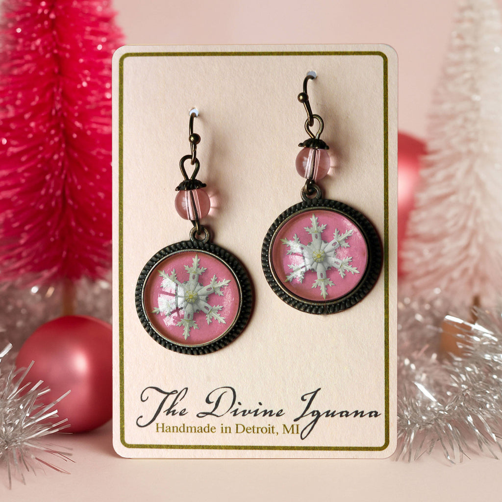 Pink Christmas Snowflake Earrings