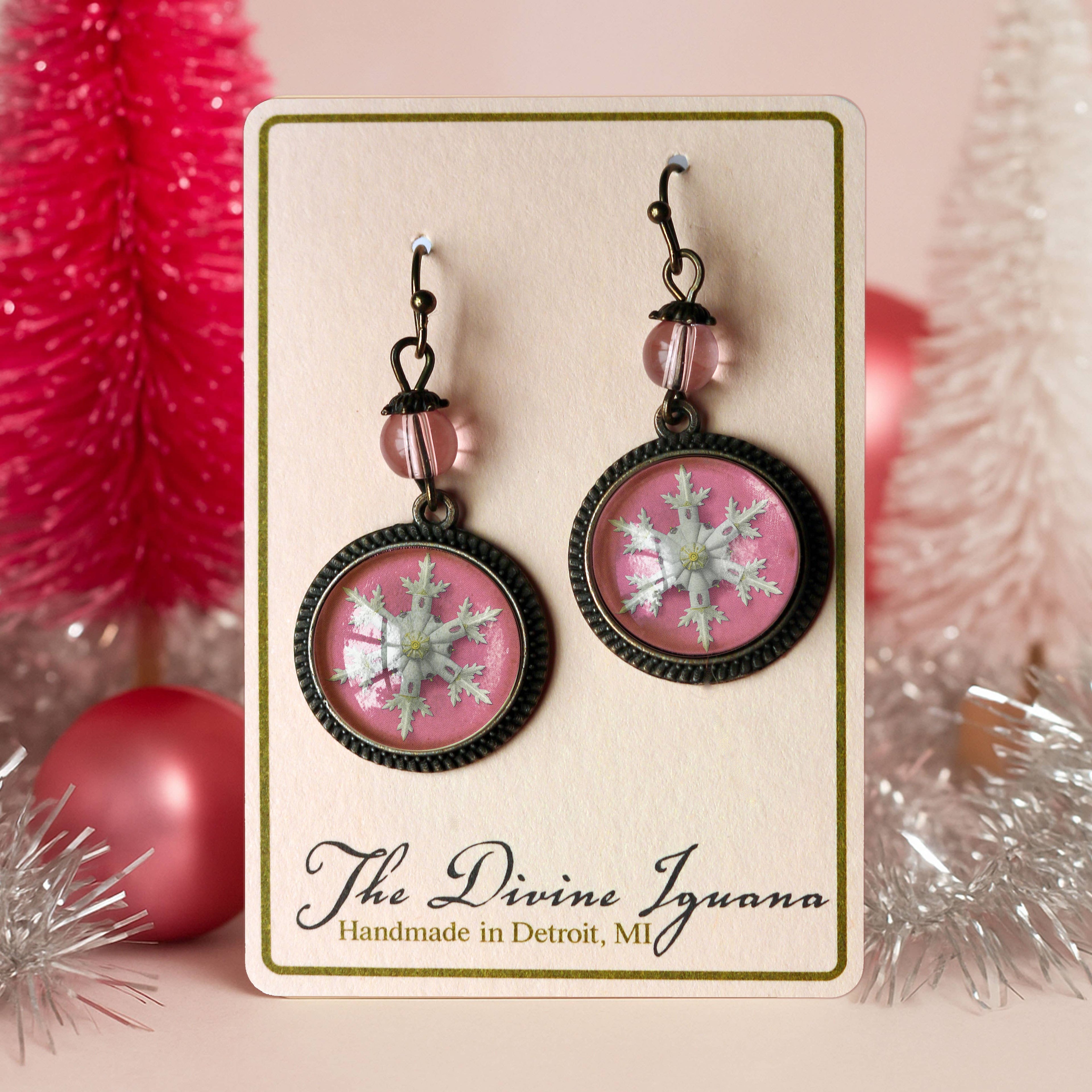 Pink Christmas Snowflake Earrings