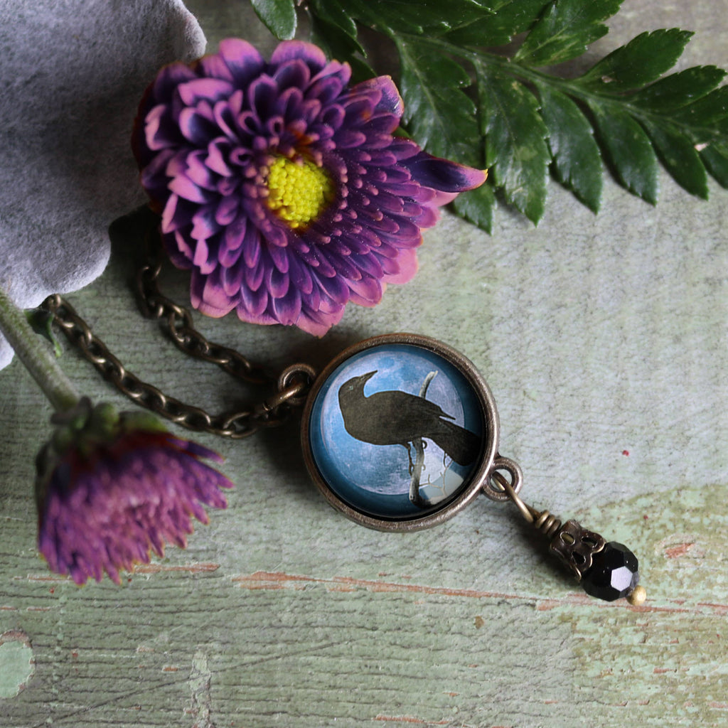 Purple Crow or Raven Goth Halloween Pendant Necklace w/Bead