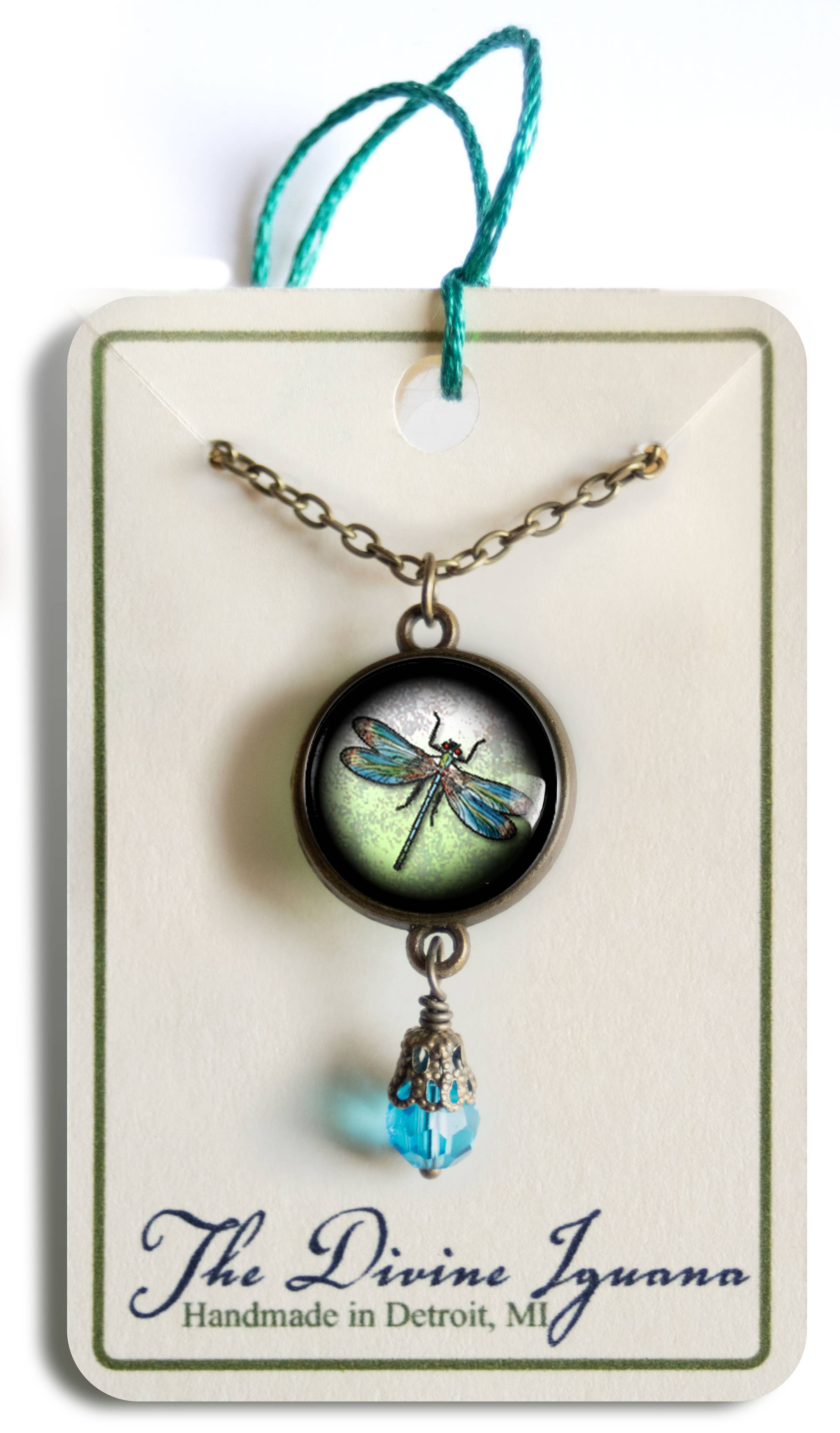 Dragonfly Vintage Inspired Glass Cabochon Necklace w/Bead