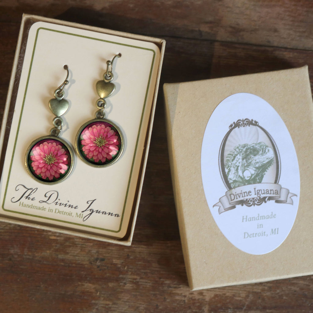Pink Zinnia and Heart Glass Cabochon and Bronze Earrings