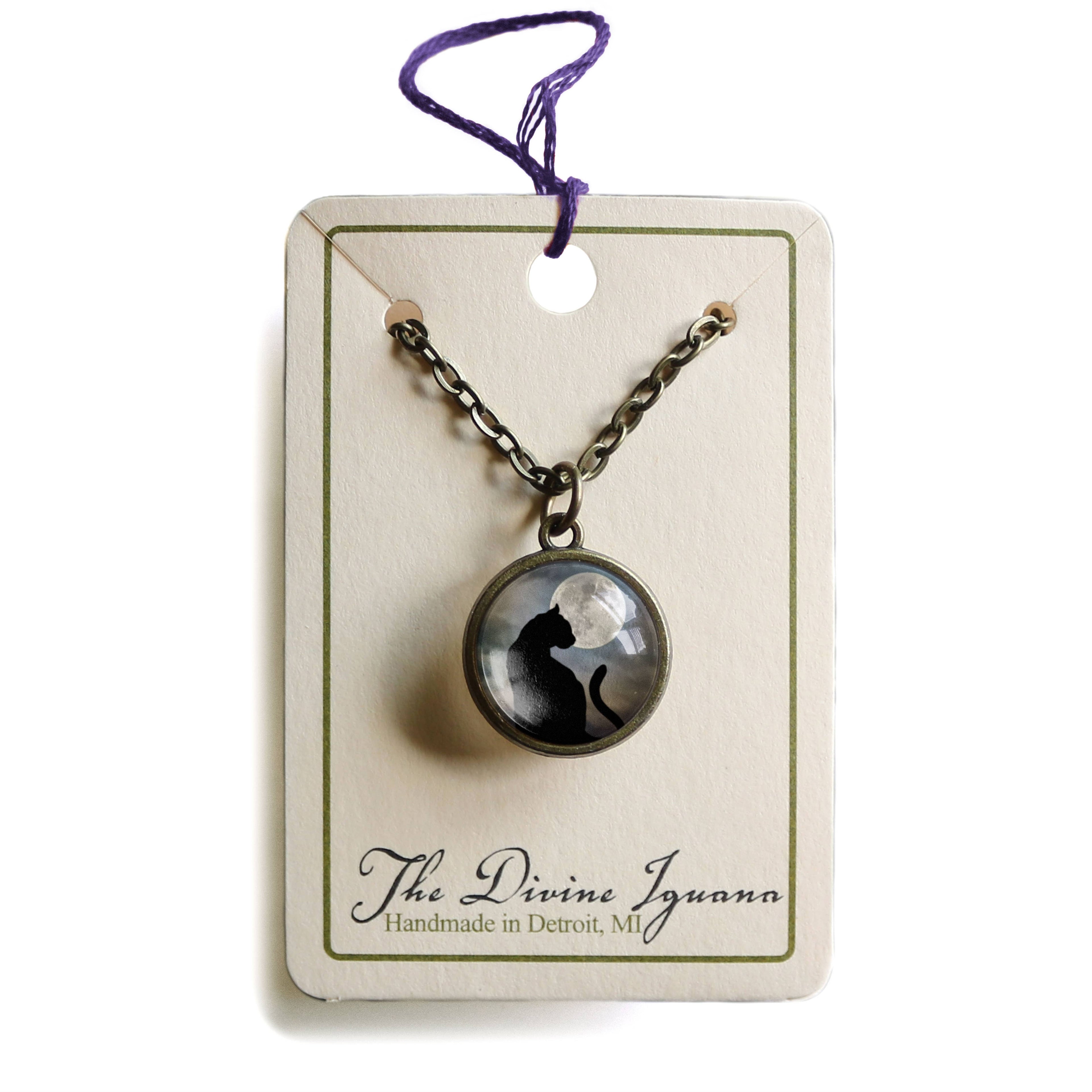 Black Cat and Full Moon Simple Reversible Pendant Necklace