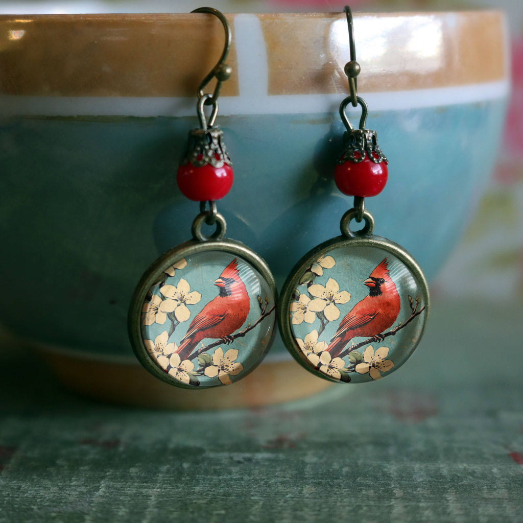 Vintage Cardinal Glass Cabochon Earrings
