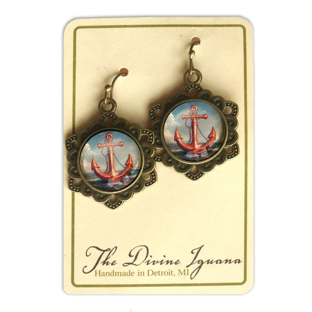 Deep Sea Anchor Earrings in Ornate Bezel