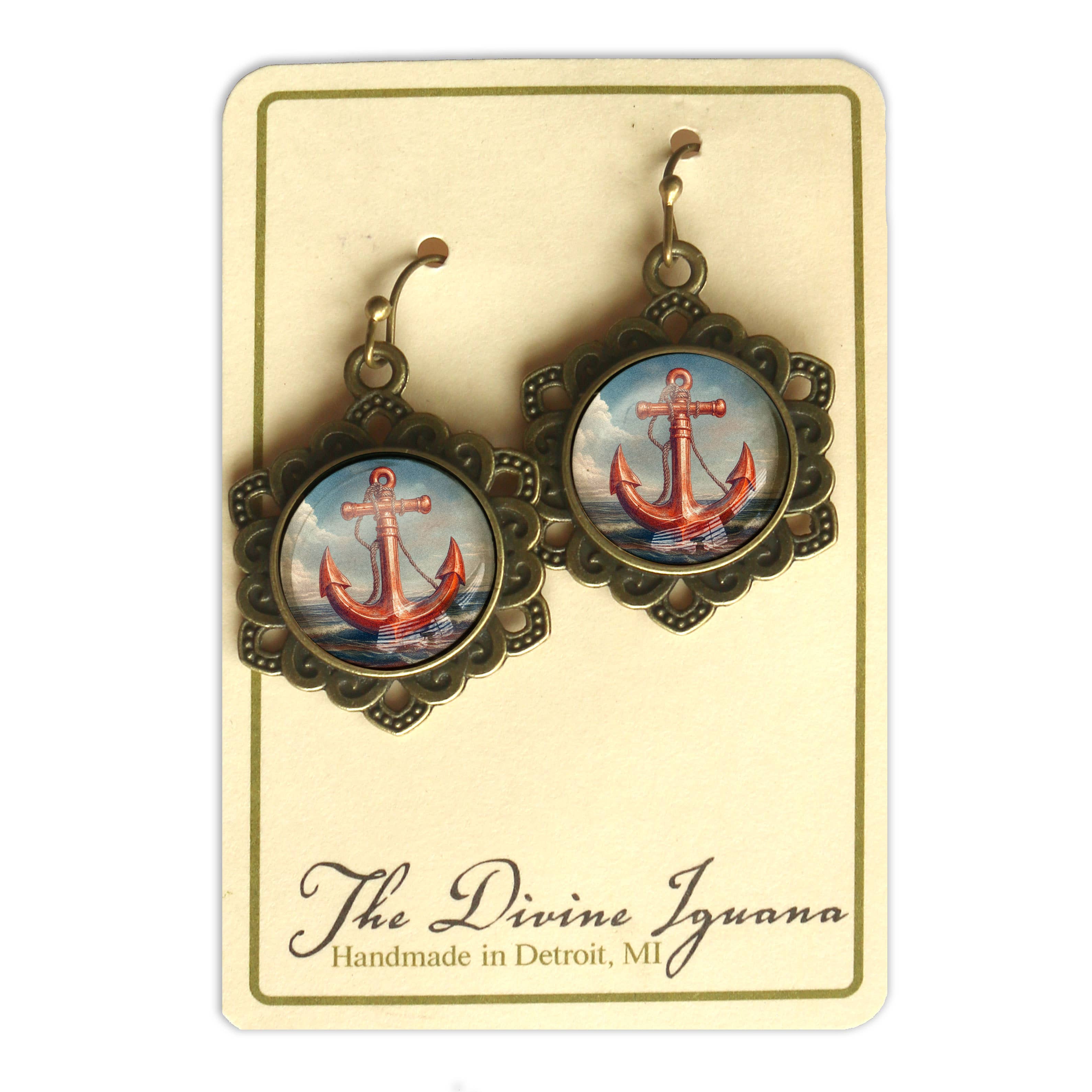 Deep Sea Anchor Earrings in Ornate Bezel