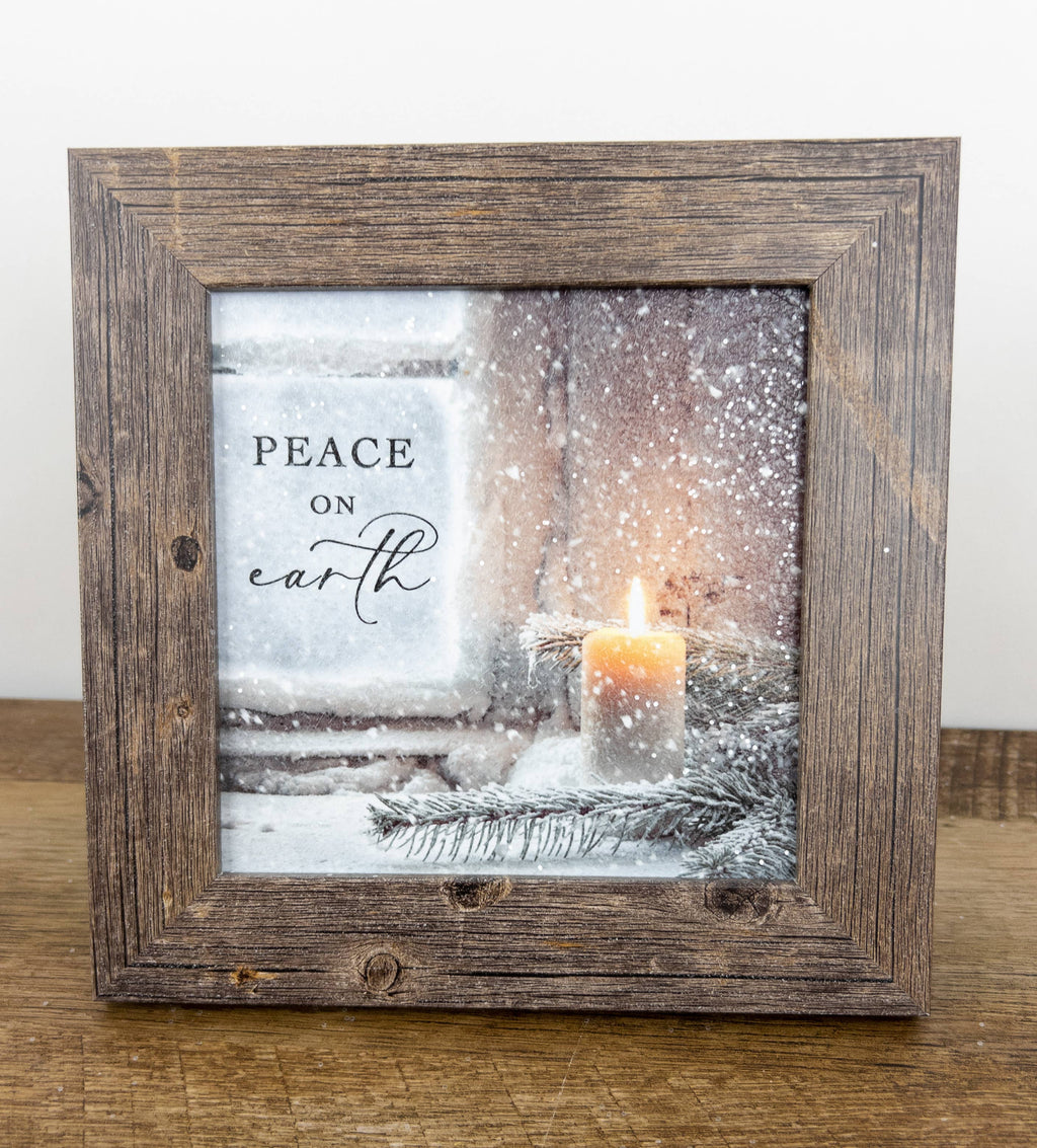 Peace On Earth Winter Candle Art Sign: Black Frame