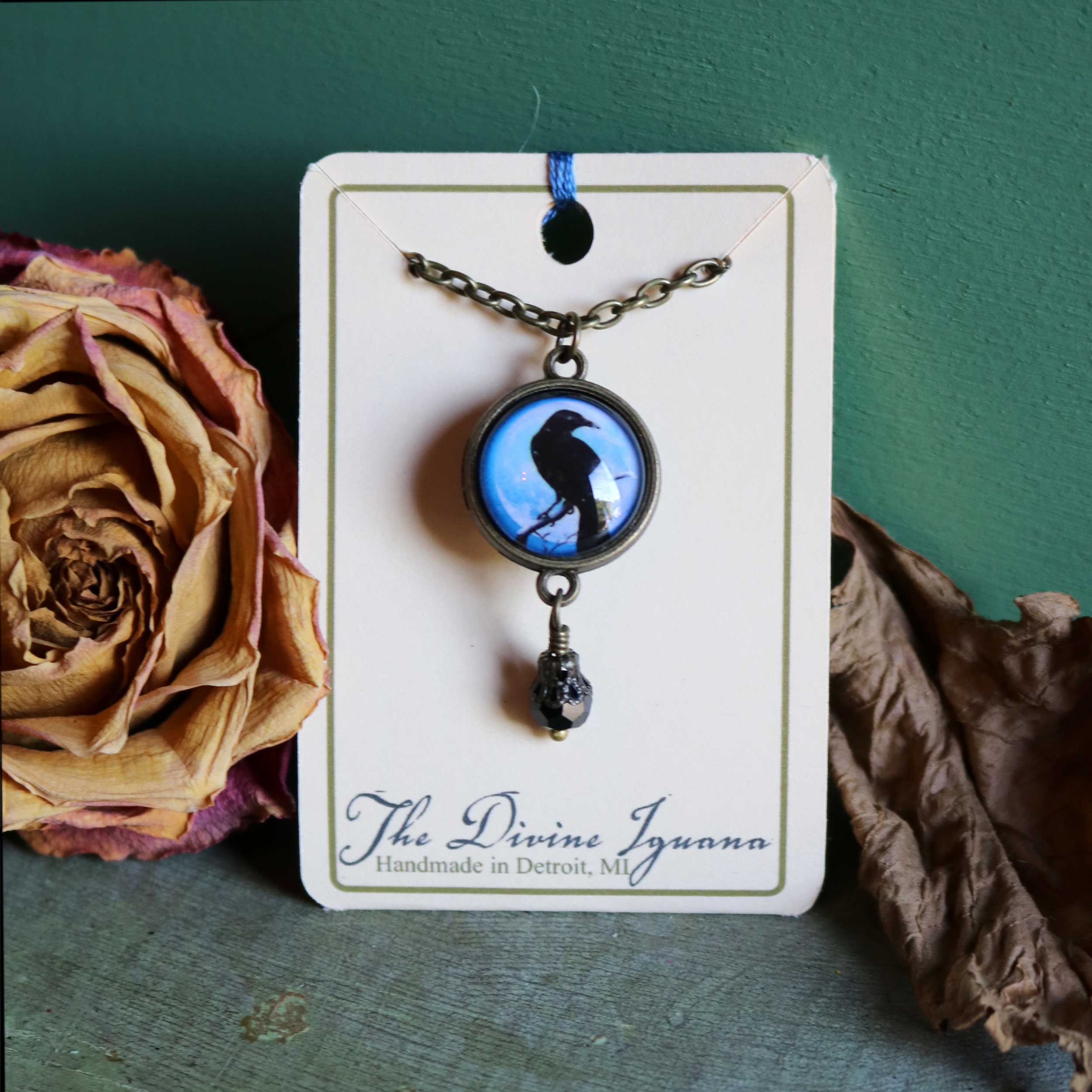 Purple Crow or Raven Goth Halloween Pendant Necklace w/Bead