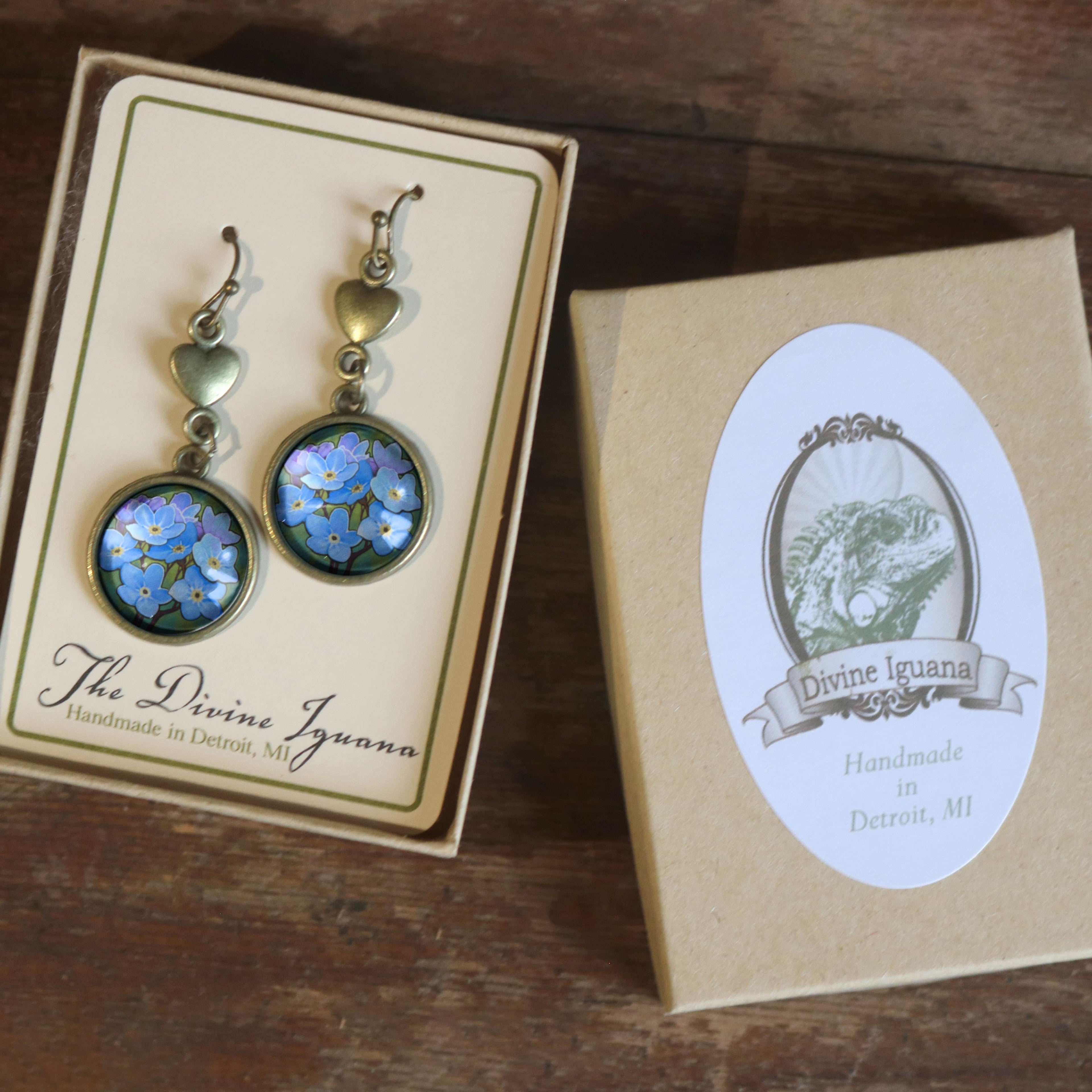 Forget Me Not and Heart Antiqued Bronze and Glass Earrings