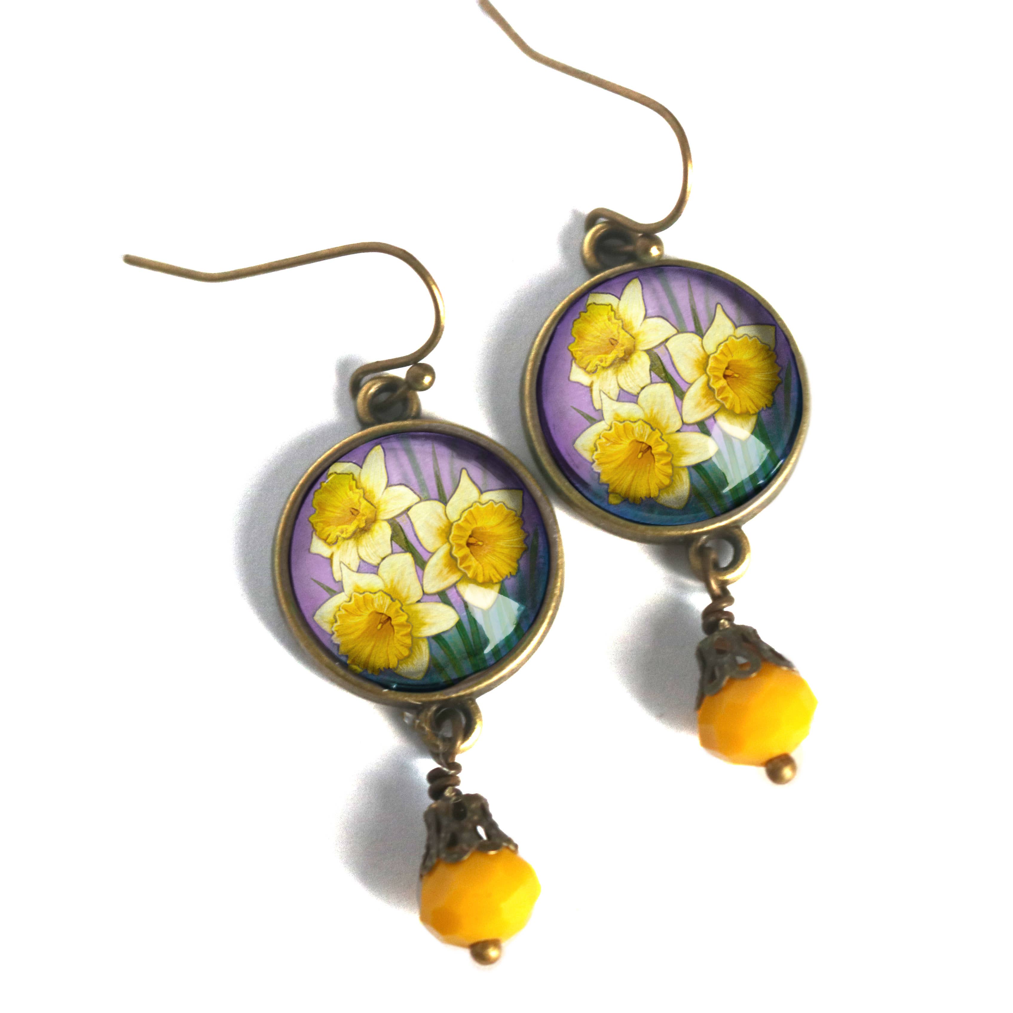 Art Nouveau Daffodil Cottage Core Earrings with Yellow Bead