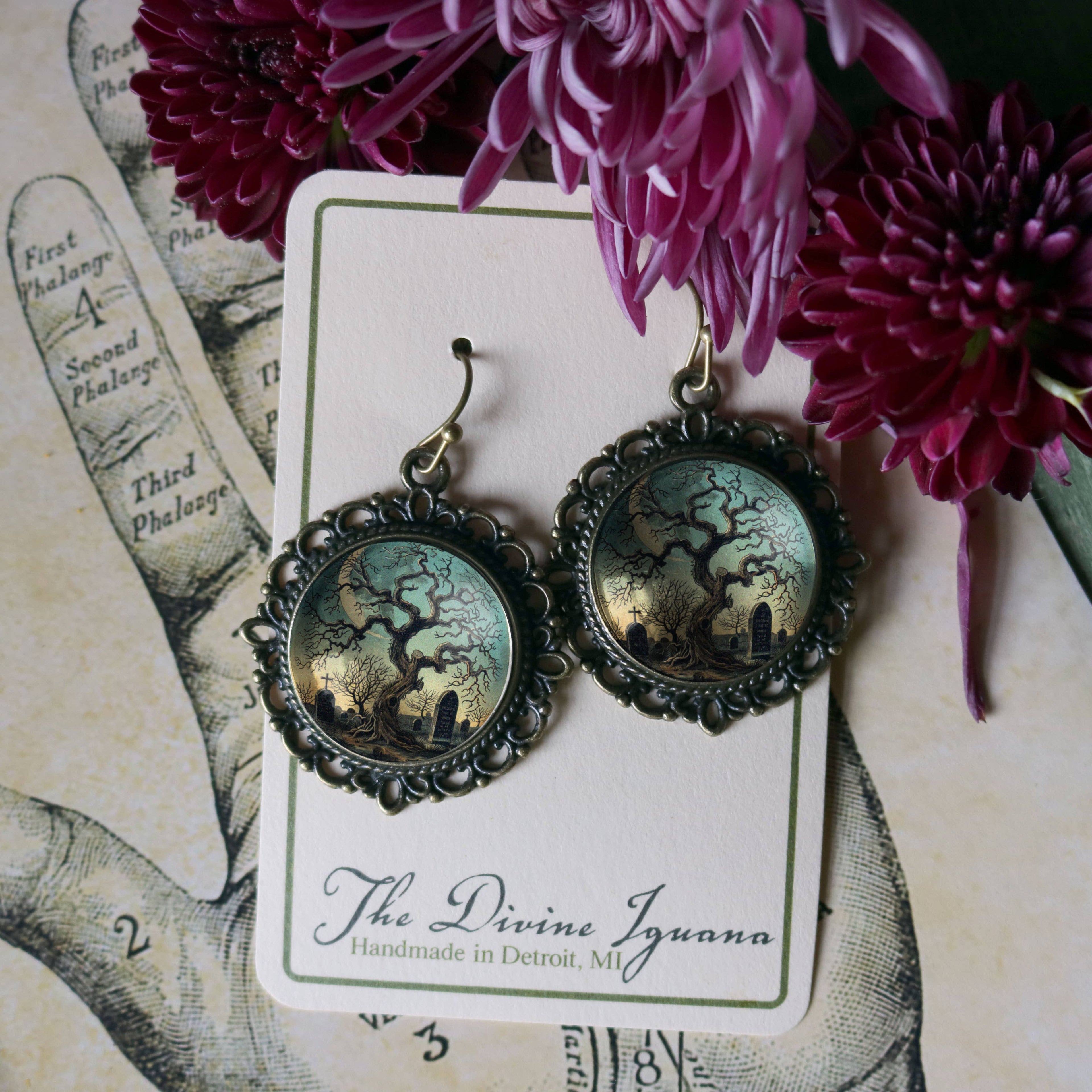 Haunted Tree Halloween Glass Cabochon and Bronze Earrings
