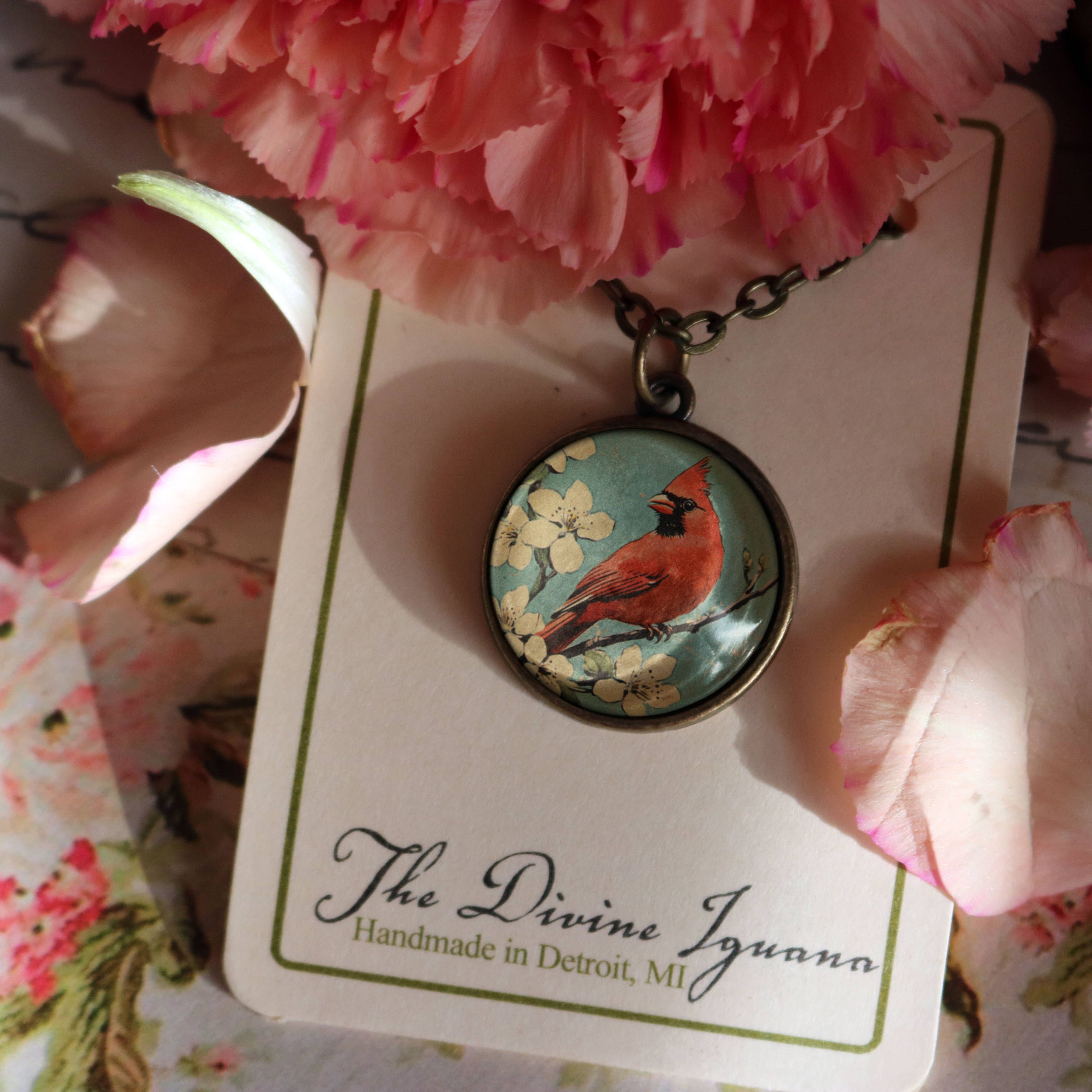 Retro Cardinal 20mm Glass Cabochon Pendant Necklace