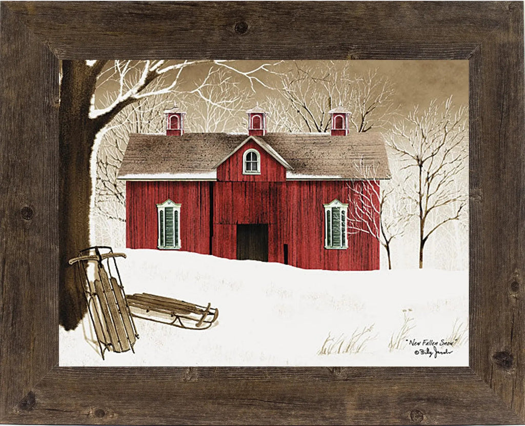 New Fallen Snow Red Barn Framed Art by Artist Billy Jacobs : Black Frame