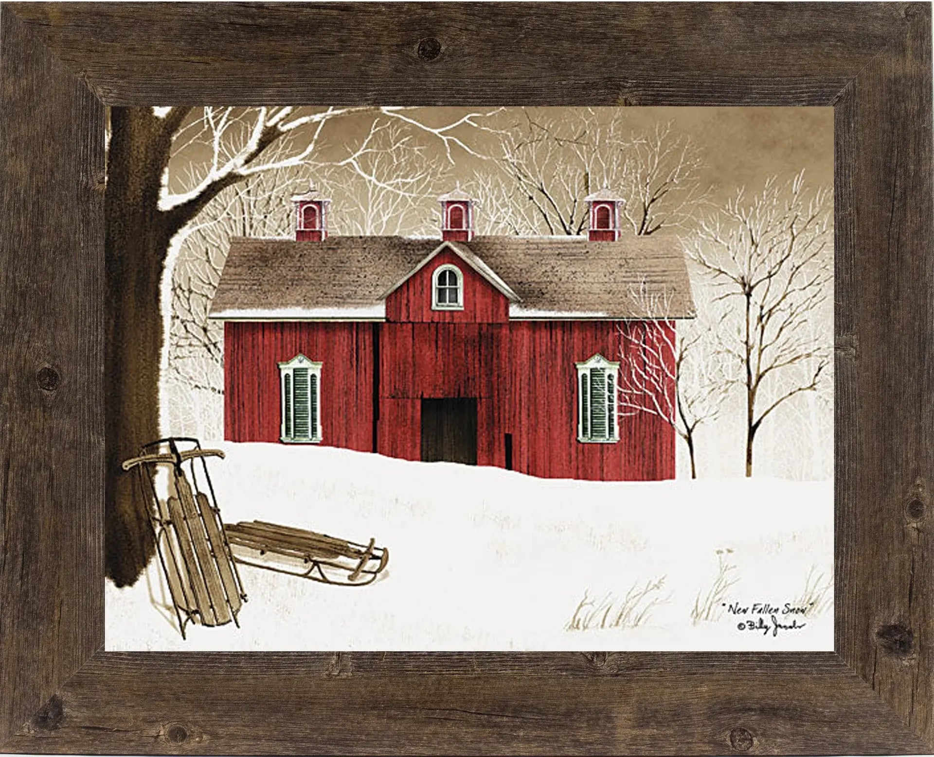 New Fallen Snow Red Barn Framed Art by Artist Billy Jacobs : Black Frame