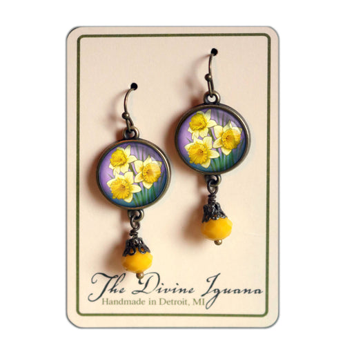 Art Nouveau Daffodil Cottage Core Earrings with Yellow Bead
