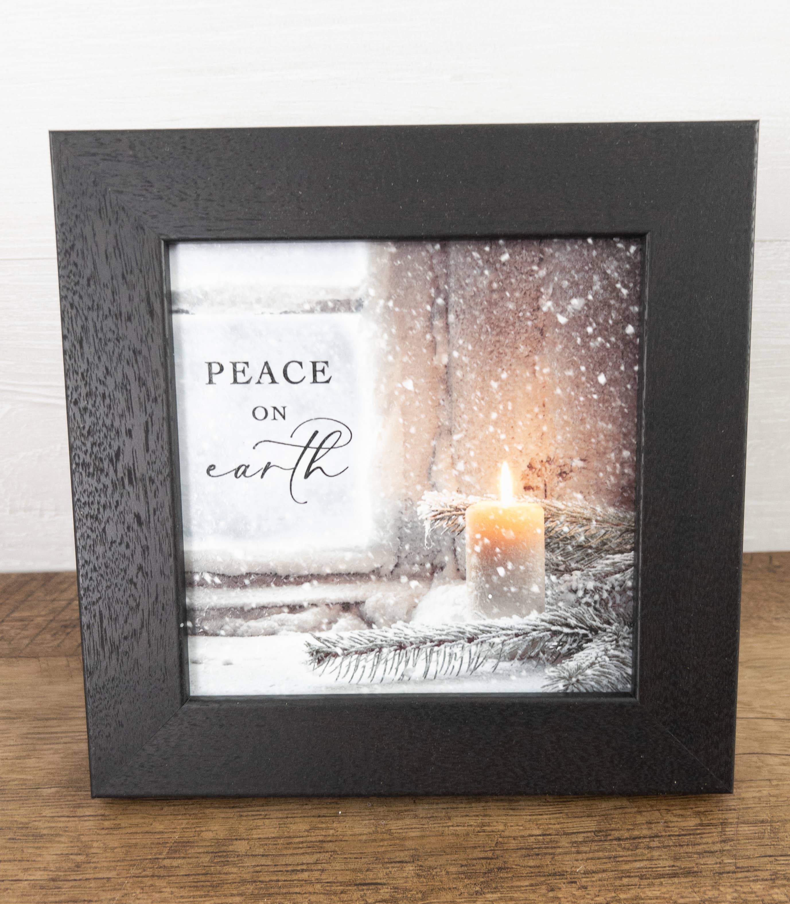 Peace On Earth Winter Candle Art Sign: Black Frame