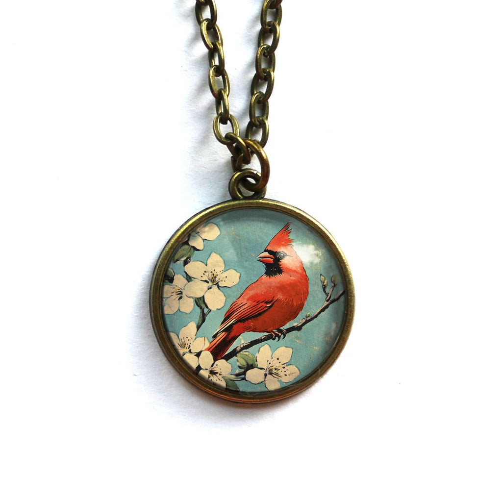 Retro Cardinal 20mm Glass Cabochon Pendant Necklace