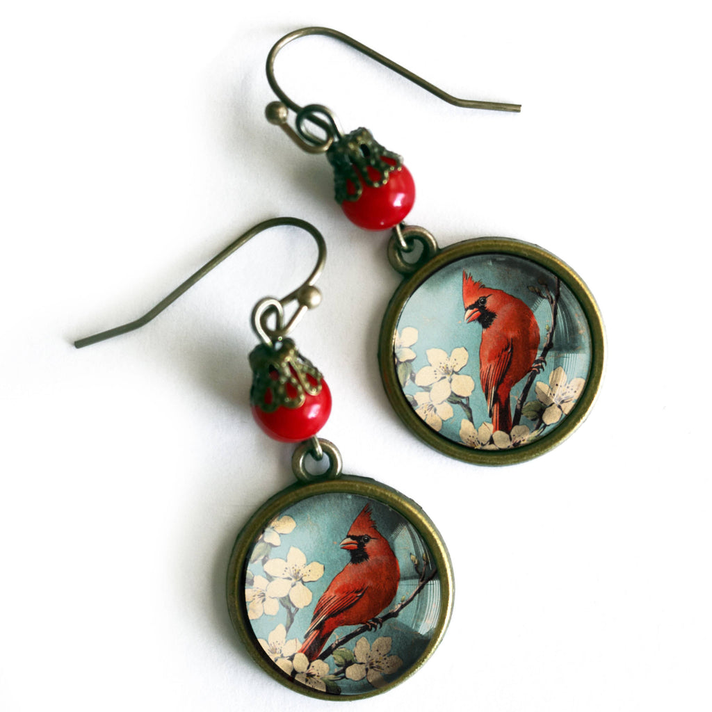 Vintage Cardinal Glass Cabochon Earrings