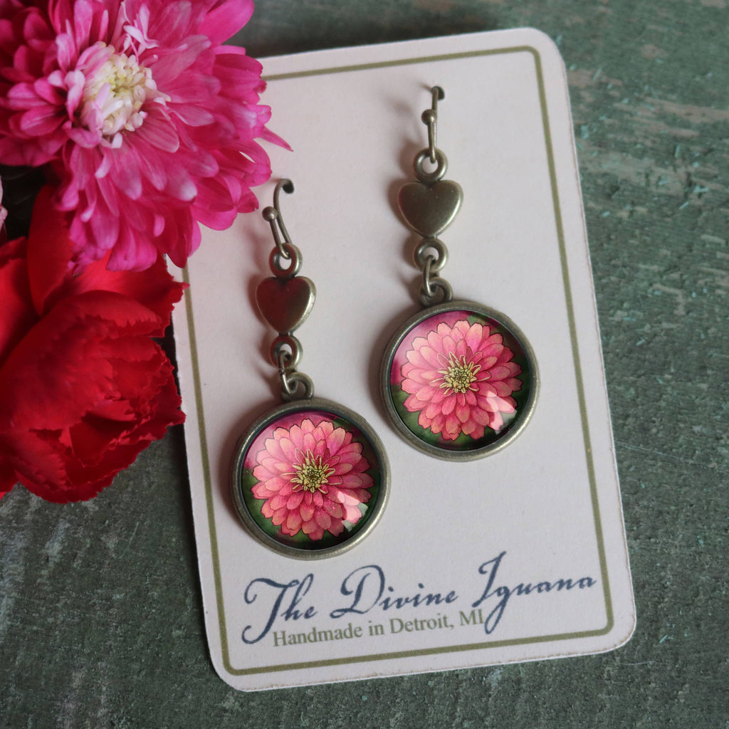 Pink Zinnia and Heart Glass Cabochon and Bronze Earrings