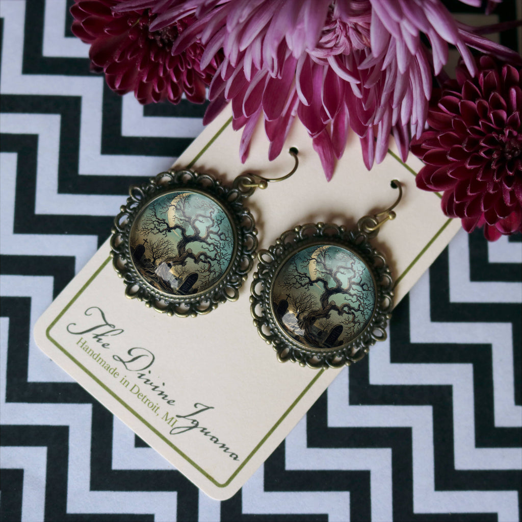 Haunted Tree Halloween Glass Cabochon and Bronze Earrings