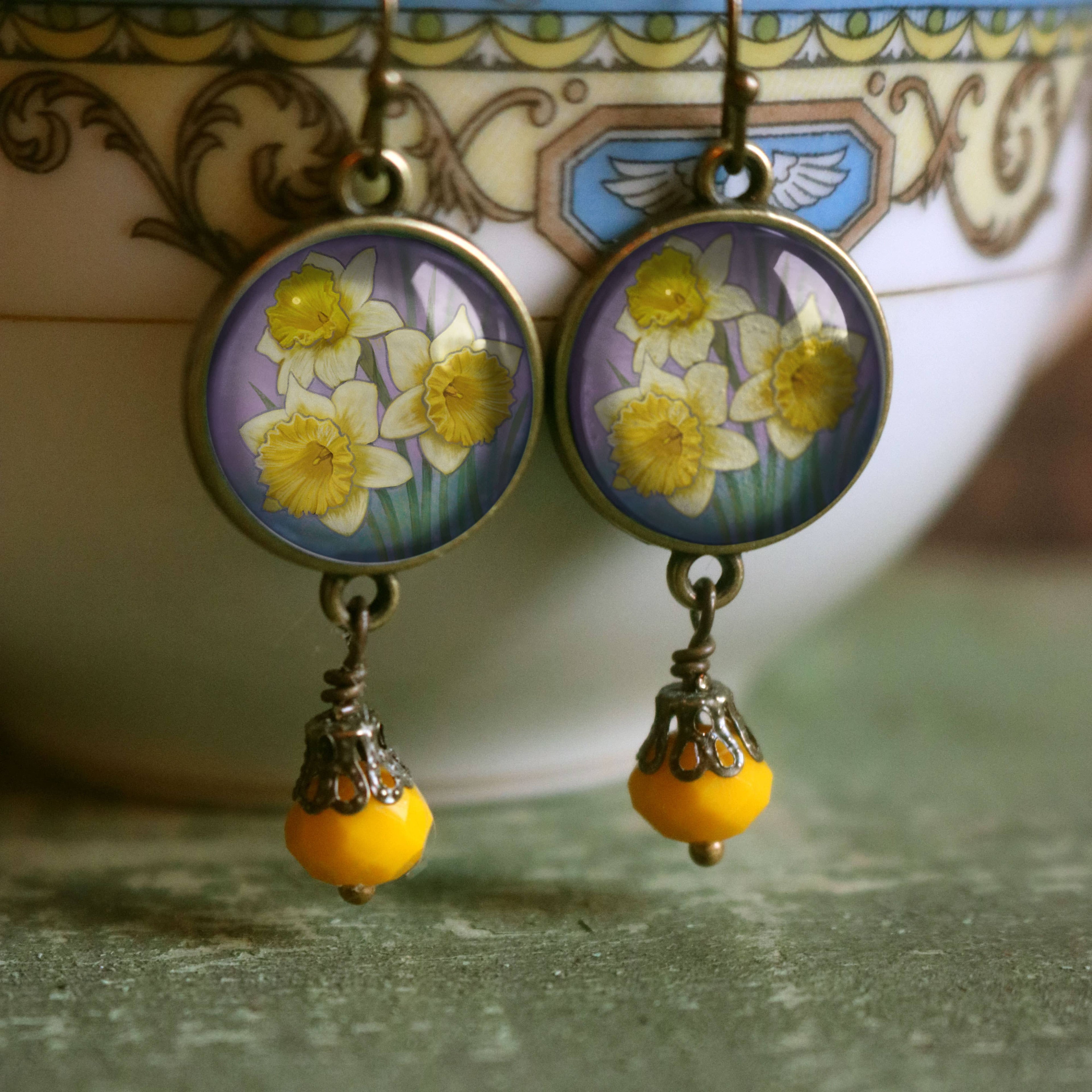 Art Nouveau Daffodil Cottage Core Earrings with Yellow Bead
