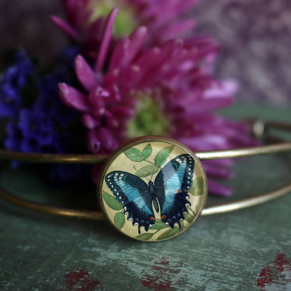 Blue Swallowtail Butterfly Glass Cabochon Cuff Bracelet