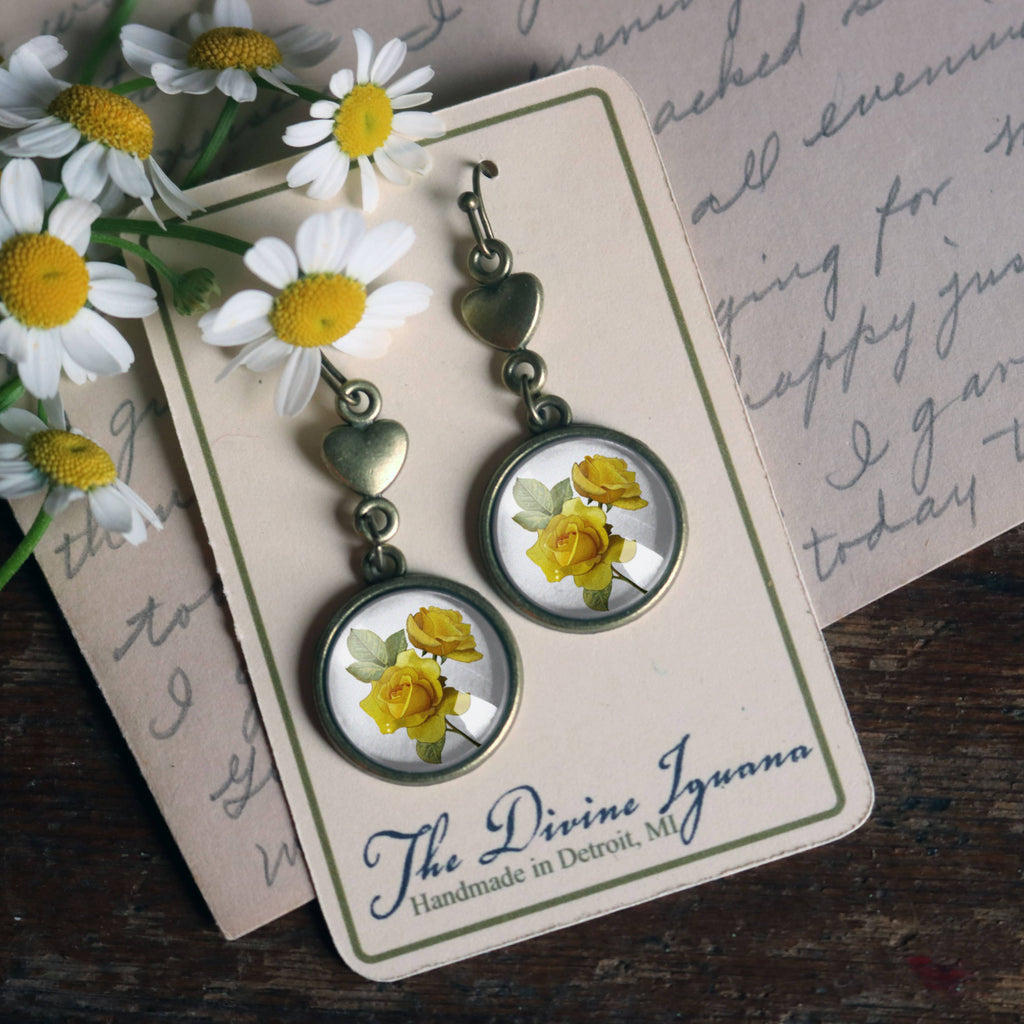 Yellow Rose and Heart Earrings