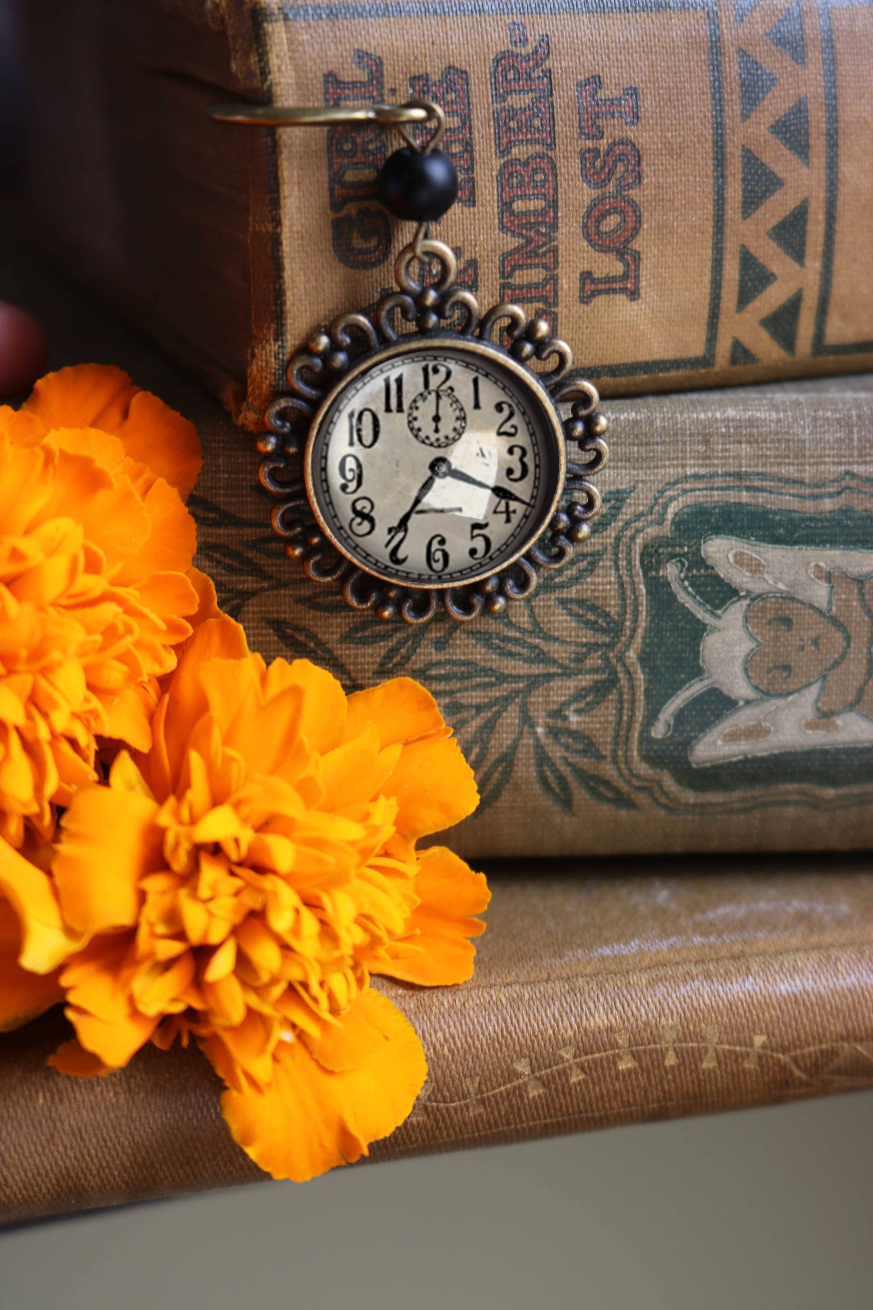 Edwardian Clock Steampunk Bronze and Glass Cabochon Bookmark