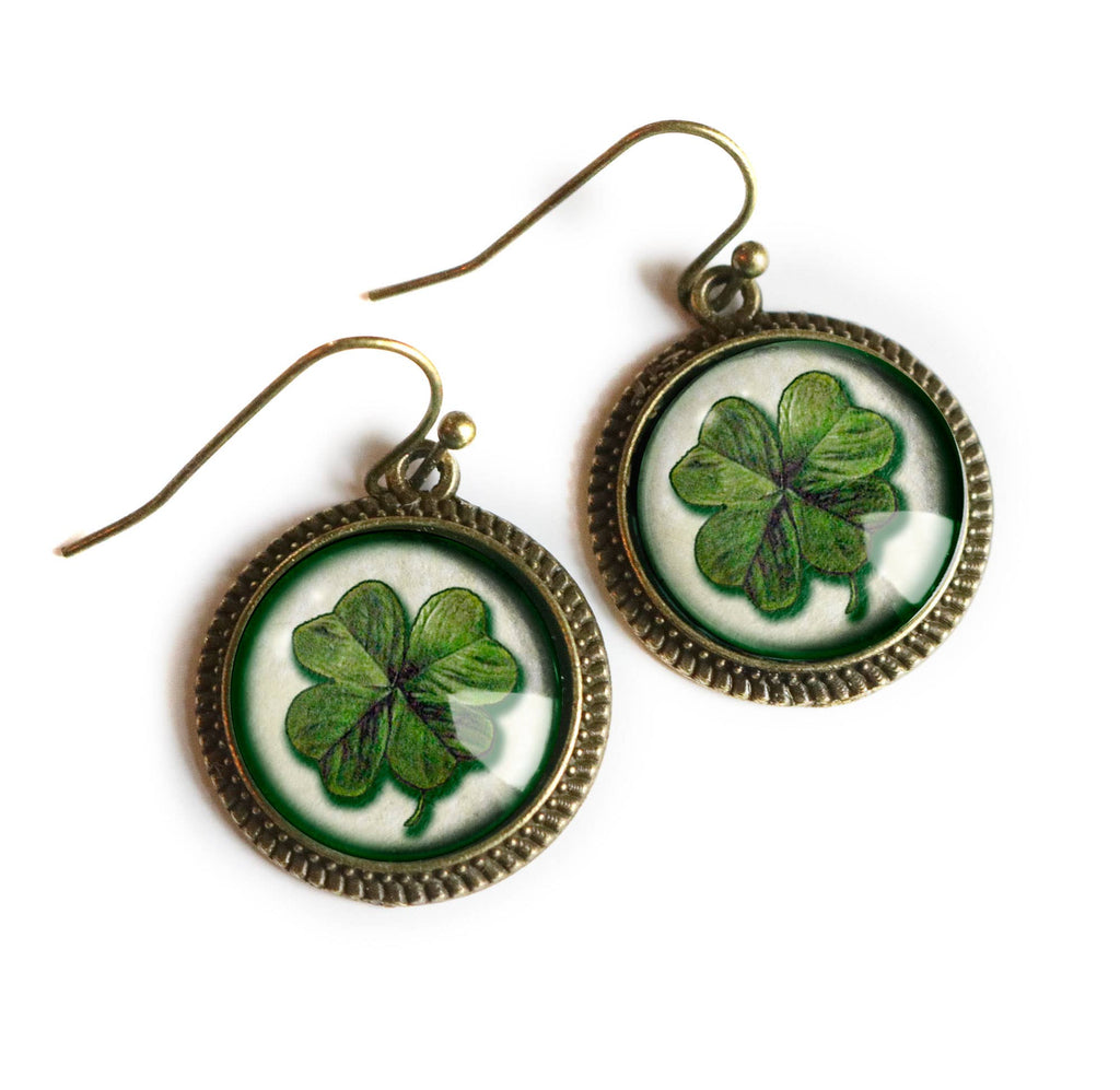 Shamrock or Four Leafed Clover Irish Glass Cabochon Earrings