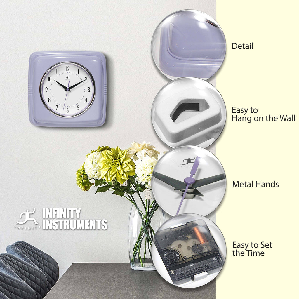 Retro Square Lilac Indoor Wall Clock 9.25 Inch