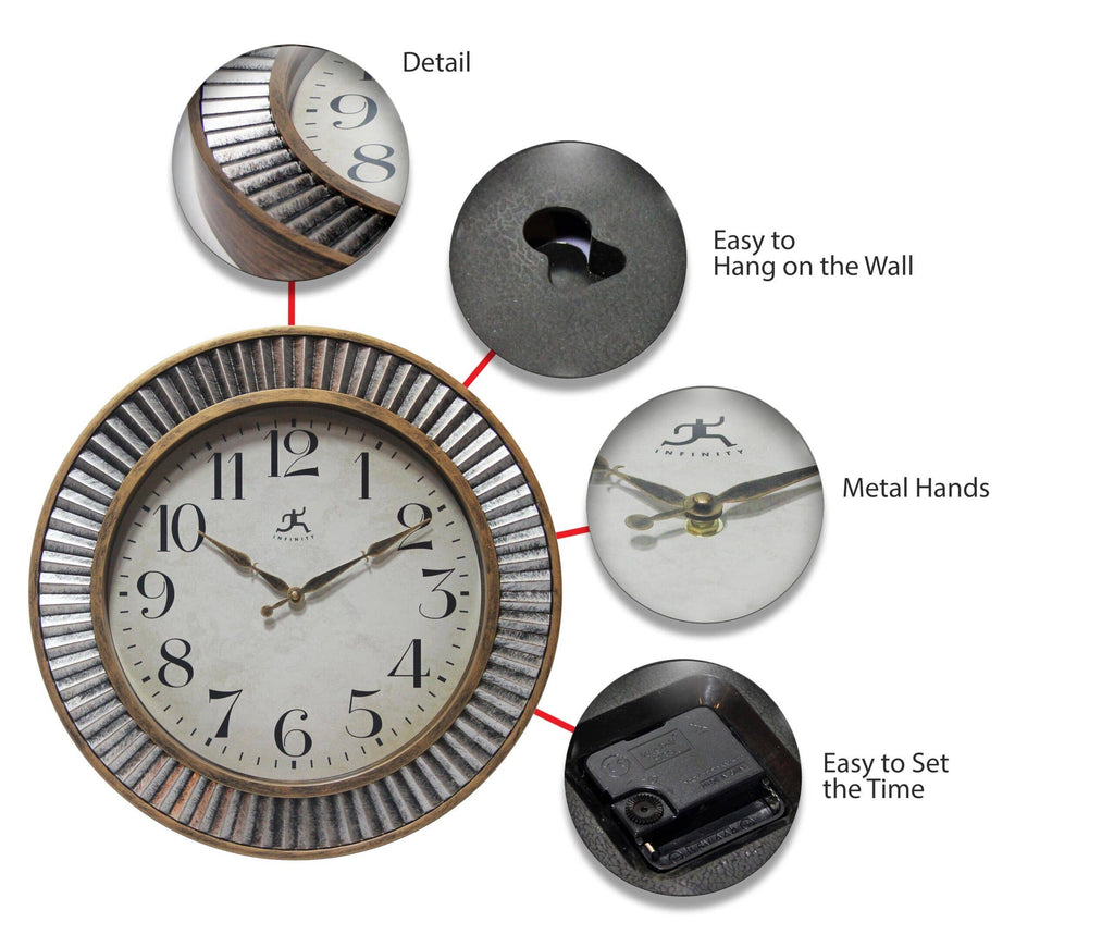 Industrial Round Aged Gold and Silver Wall Clock 16 Inch