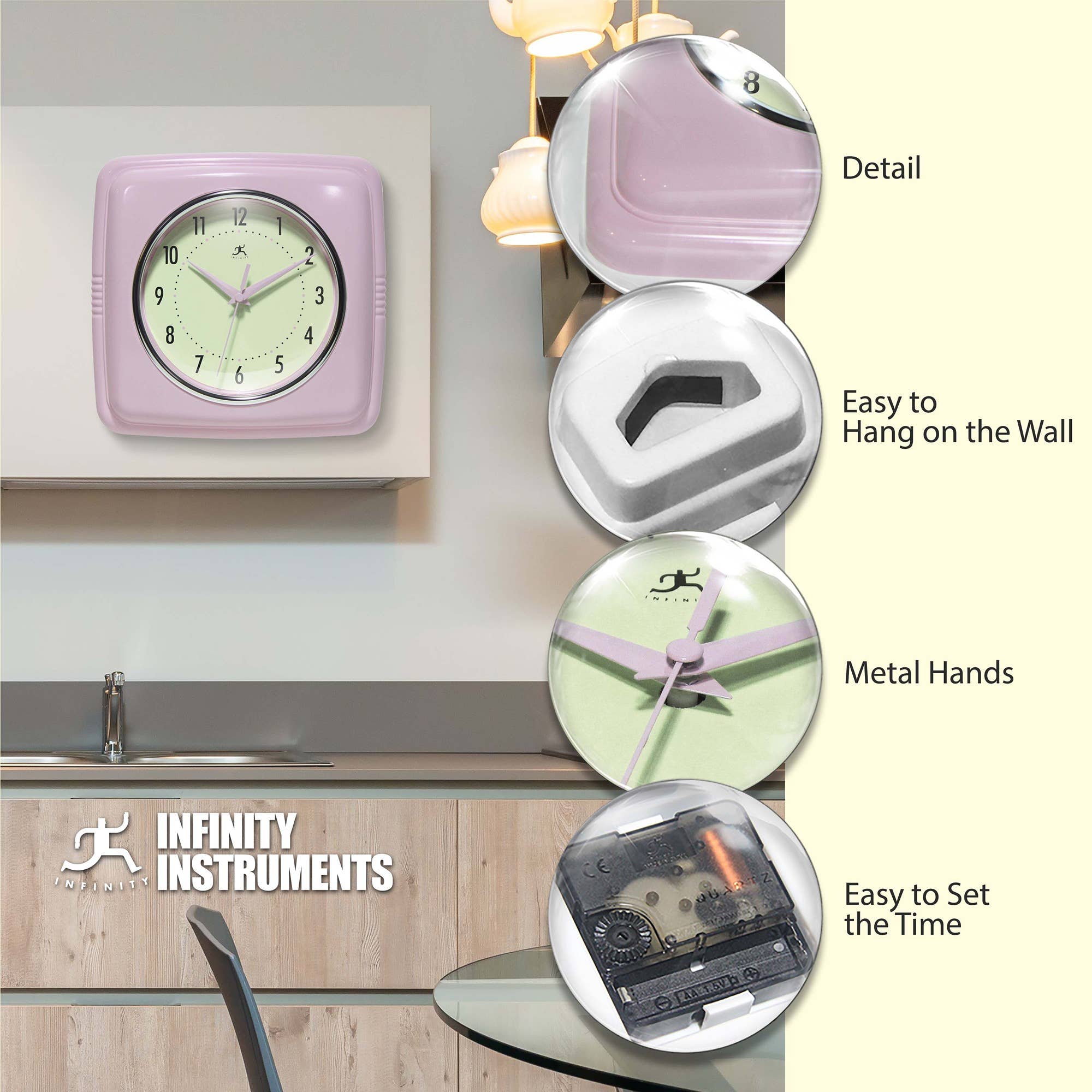 Retro Square Pastel Pink Indoor Wall Clock 9.25 Inch: Pastel Pink / 9.25 Inch
