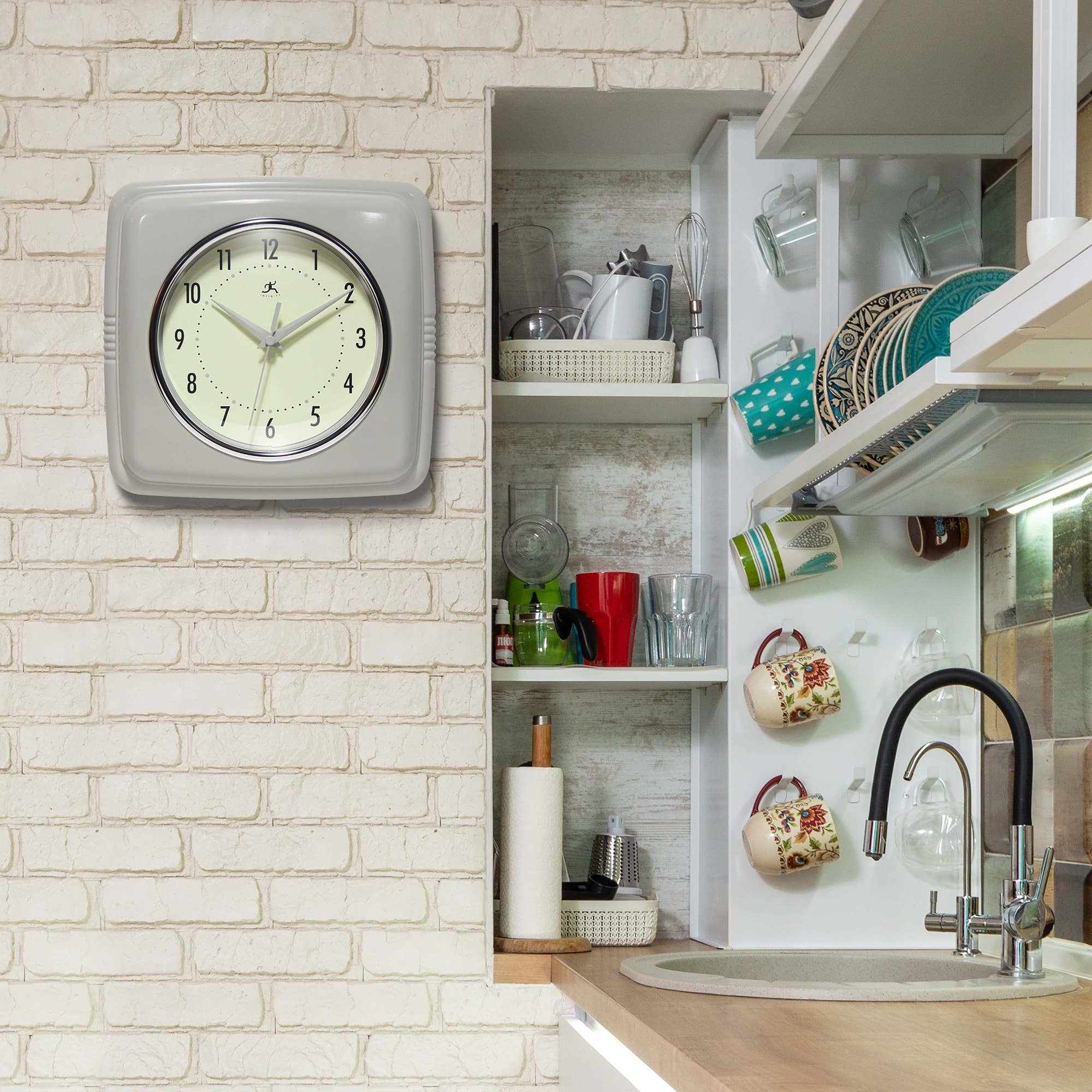 Retro Square Stone Grey Indoor Wall Clock 9.25 Inch: Stone Grey / 9.25 Inch