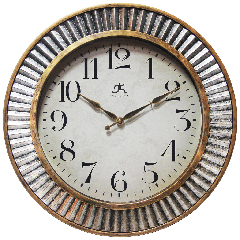 Industrial Round Aged Gold and Silver Wall Clock 16 Inch